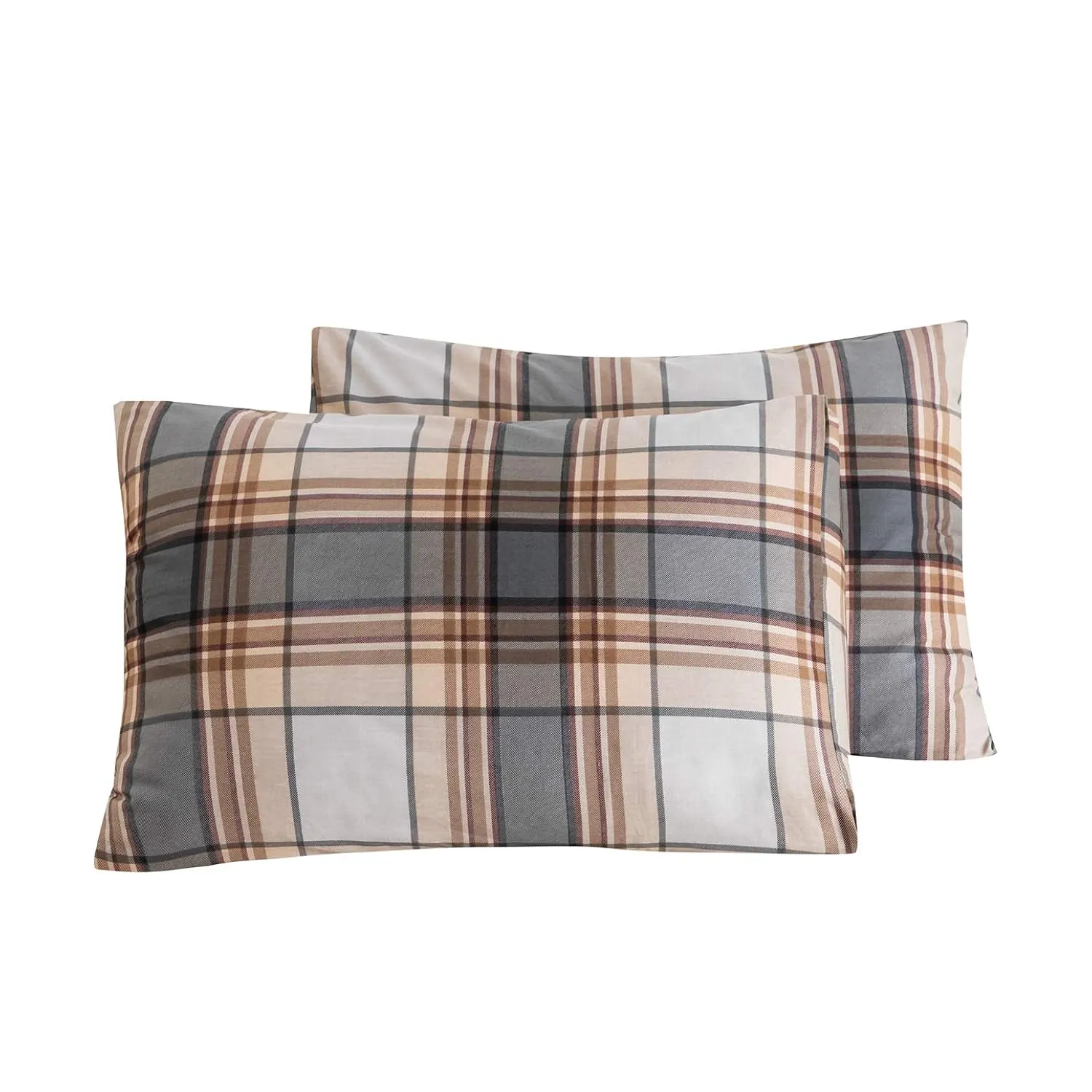 100% Cotton Pillowcases Queen Size Set Of 2 Khaki Brown Tartan Plaid Stripe Pr