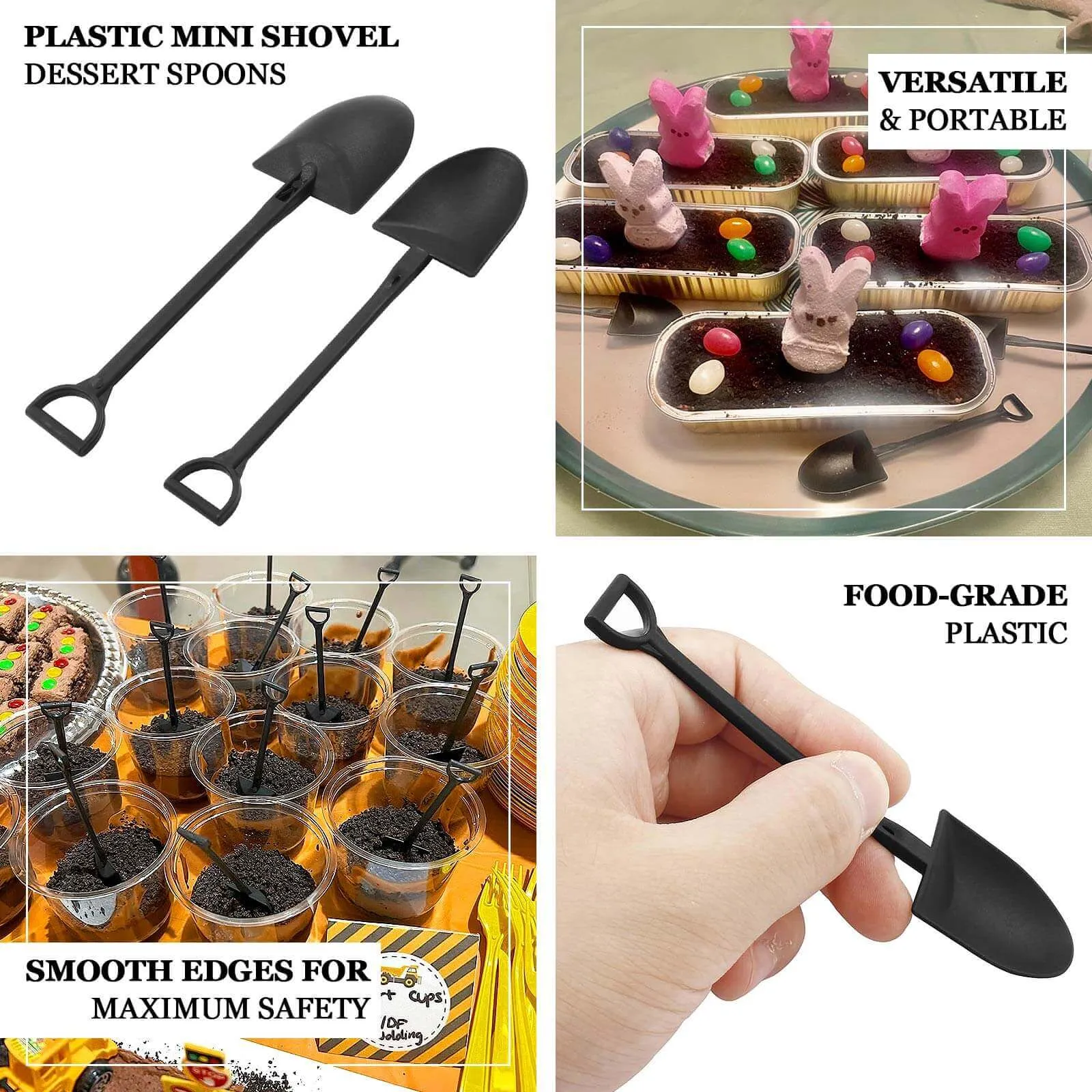 100 Pack Black Mini Shovel Plastic Dessert Spoons, Disposable Ice Cream Spoons - 4.5"