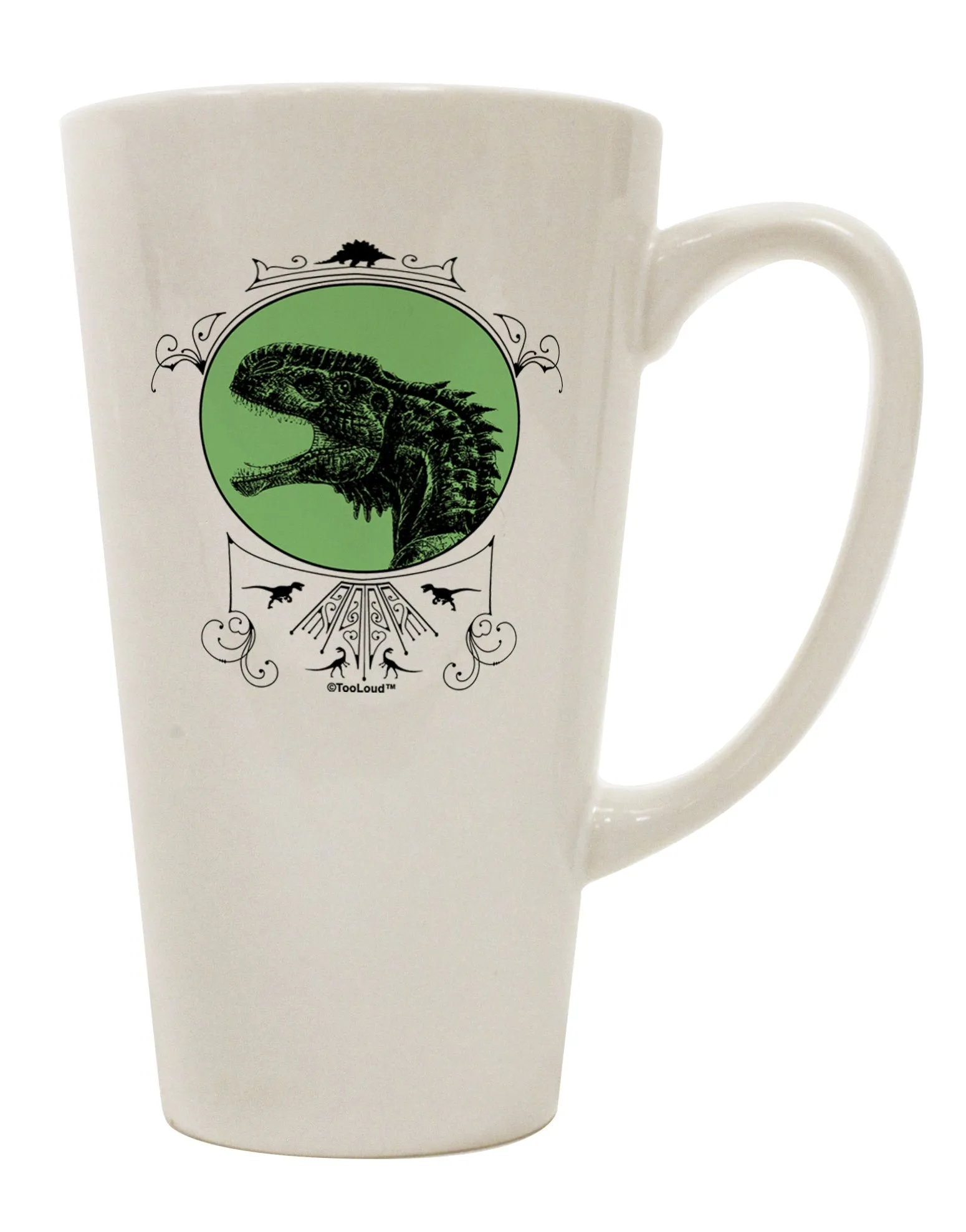 16 Ounce Conical Latte Coffee Mug with Jurassic Dinosaur Face - Expertly Crafted by TooLoud