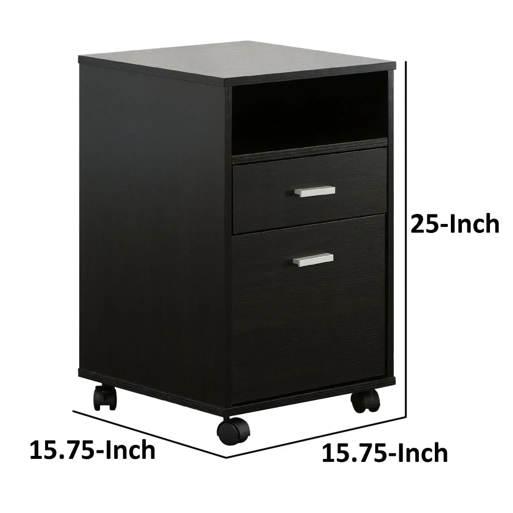 25 Inch 2 Drawer Wood File Cabinet, Printer Stand with Open Cubby , Rolling Caster Wheels, Dark Brown