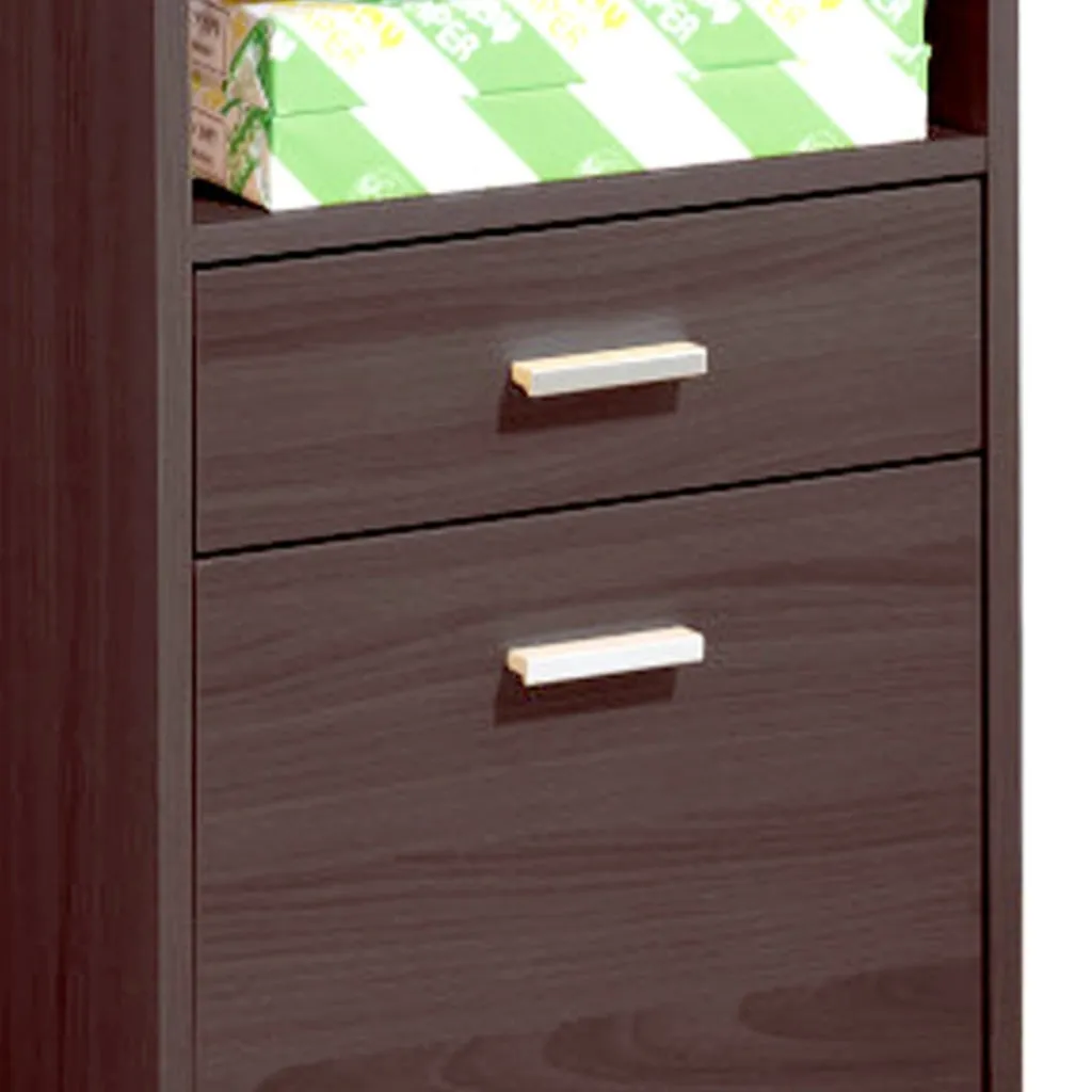 25 Inch 2 Drawer Wood File Cabinet, Printer Stand with Open Cubby , Rolling Caster Wheels, Dark Brown