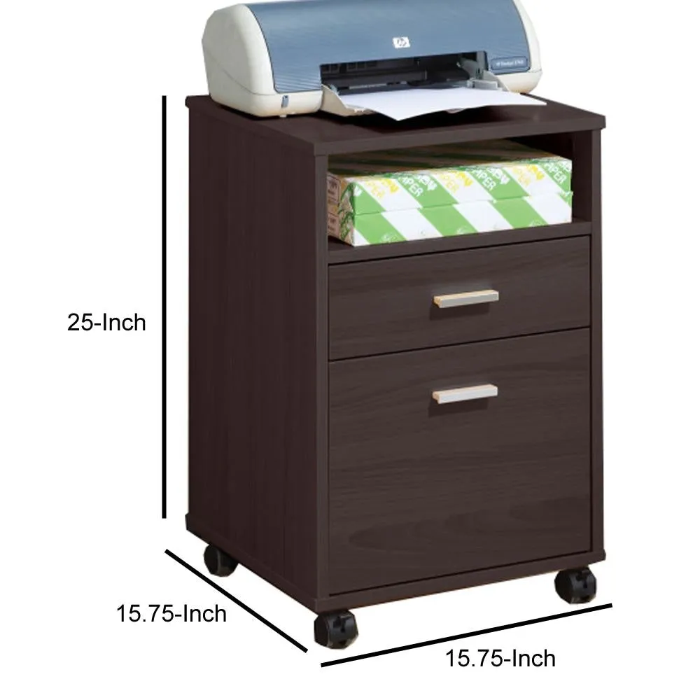 25 Inch 2 Drawer Wood File Cabinet, Printer Stand with Open Cubby , Rolling Caster Wheels, Dark Brown