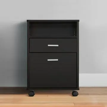 25 Inch 2 Drawer Wood File Cabinet, Printer Stand with Open Cubby , Rolling Caster Wheels, Dark Brown