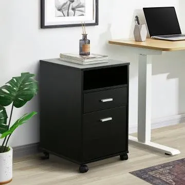 25 Inch 2 Drawer Wood File Cabinet, Printer Stand with Open Cubby , Rolling Caster Wheels, Dark Brown