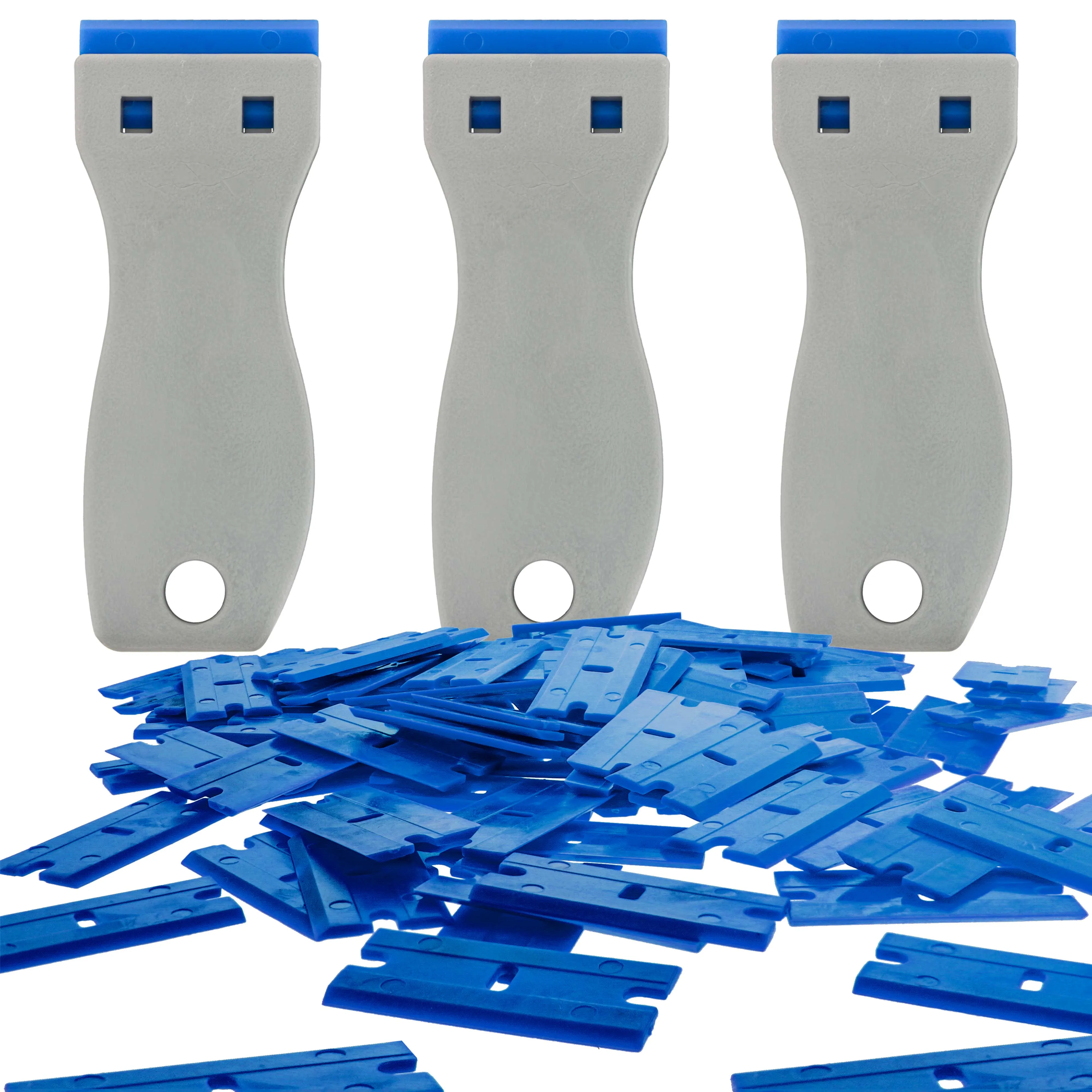 3-Piece Window Glass Scraper Razor Blade Holders with Plastic Razor Blades (Box Of 100)