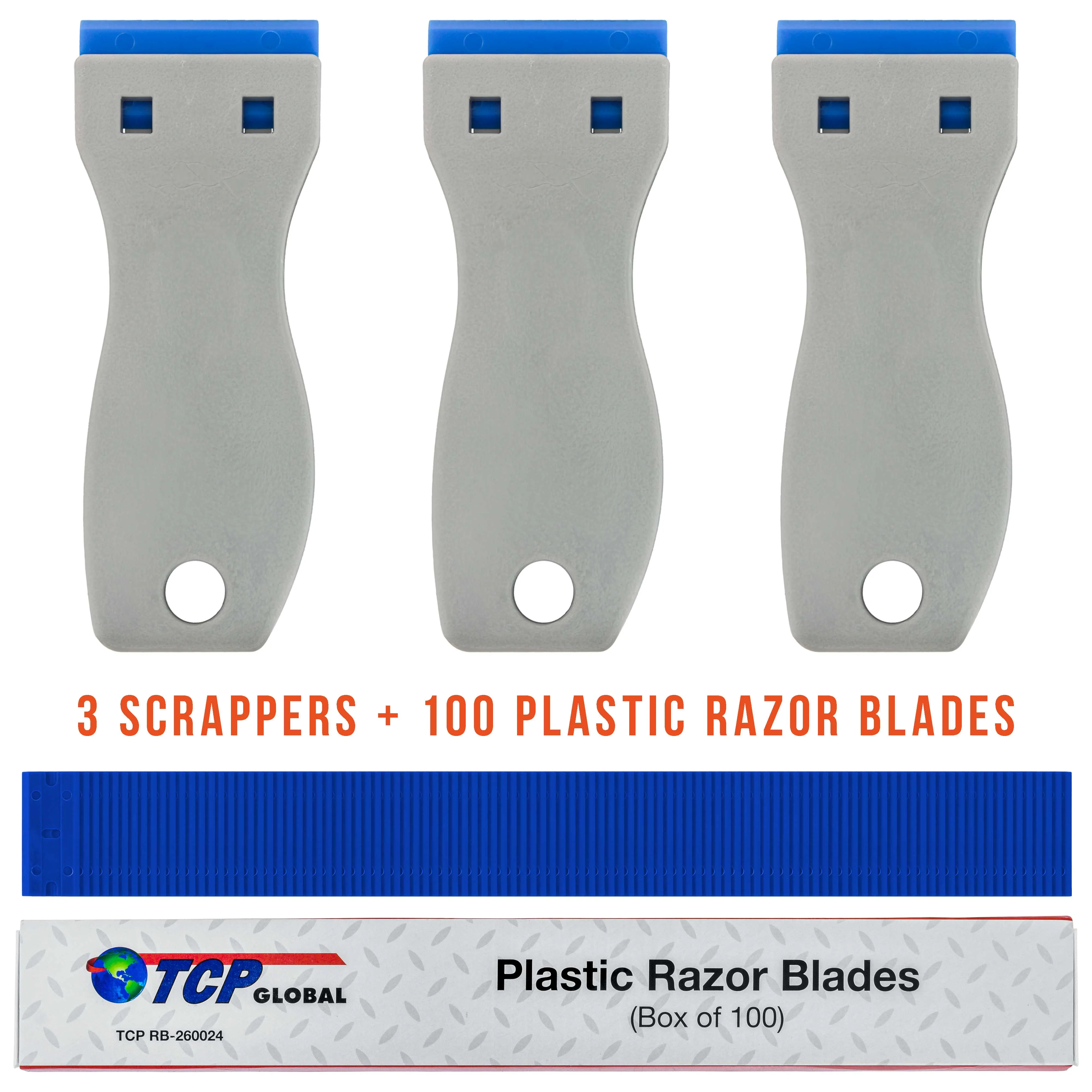 3-Piece Window Glass Scraper Razor Blade Holders with Plastic Razor Blades (Box Of 100)