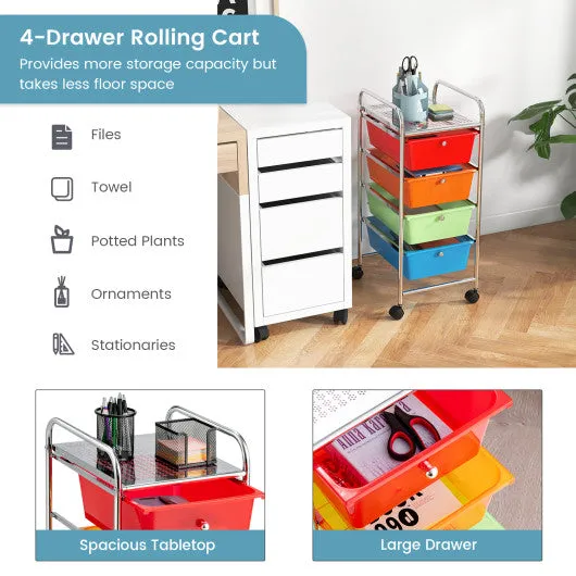 4-Drawer Cart Storage Bin Organizer Rolling with Plastic Drawers-Transparent Multicolor