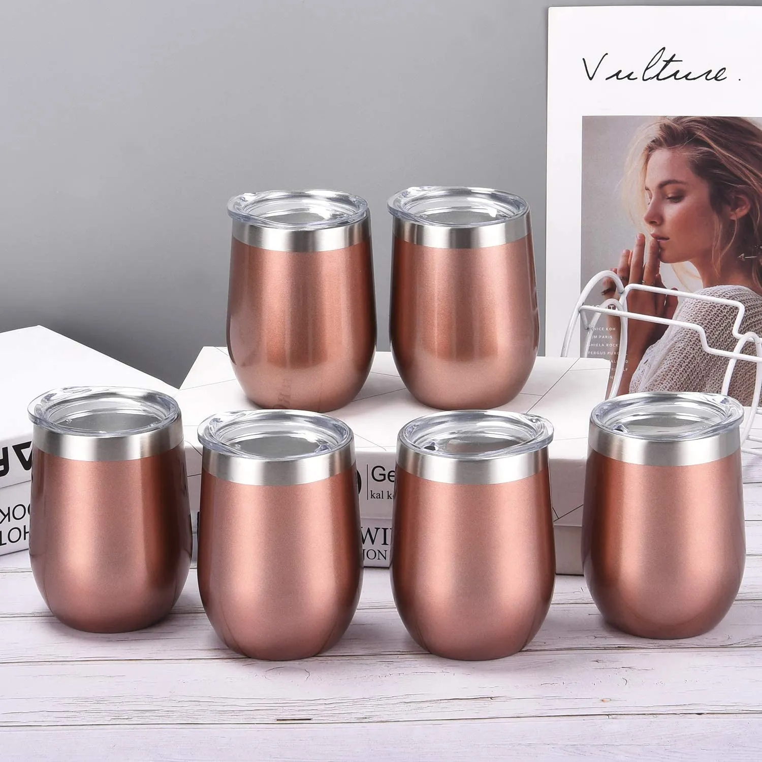 6 Pack 12Oz Stainless Steel, Stemless Wine Tumbler, Glasses Set with Lid & Straw