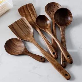 7-Piece Teak Natural Wood Tableware Set | Cooking Spoons & Kitchen Tool Kit