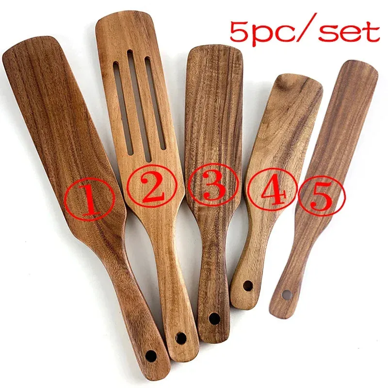 7-Piece Teak Natural Wood Tableware Set | Cooking Spoons & Kitchen Tool Kit