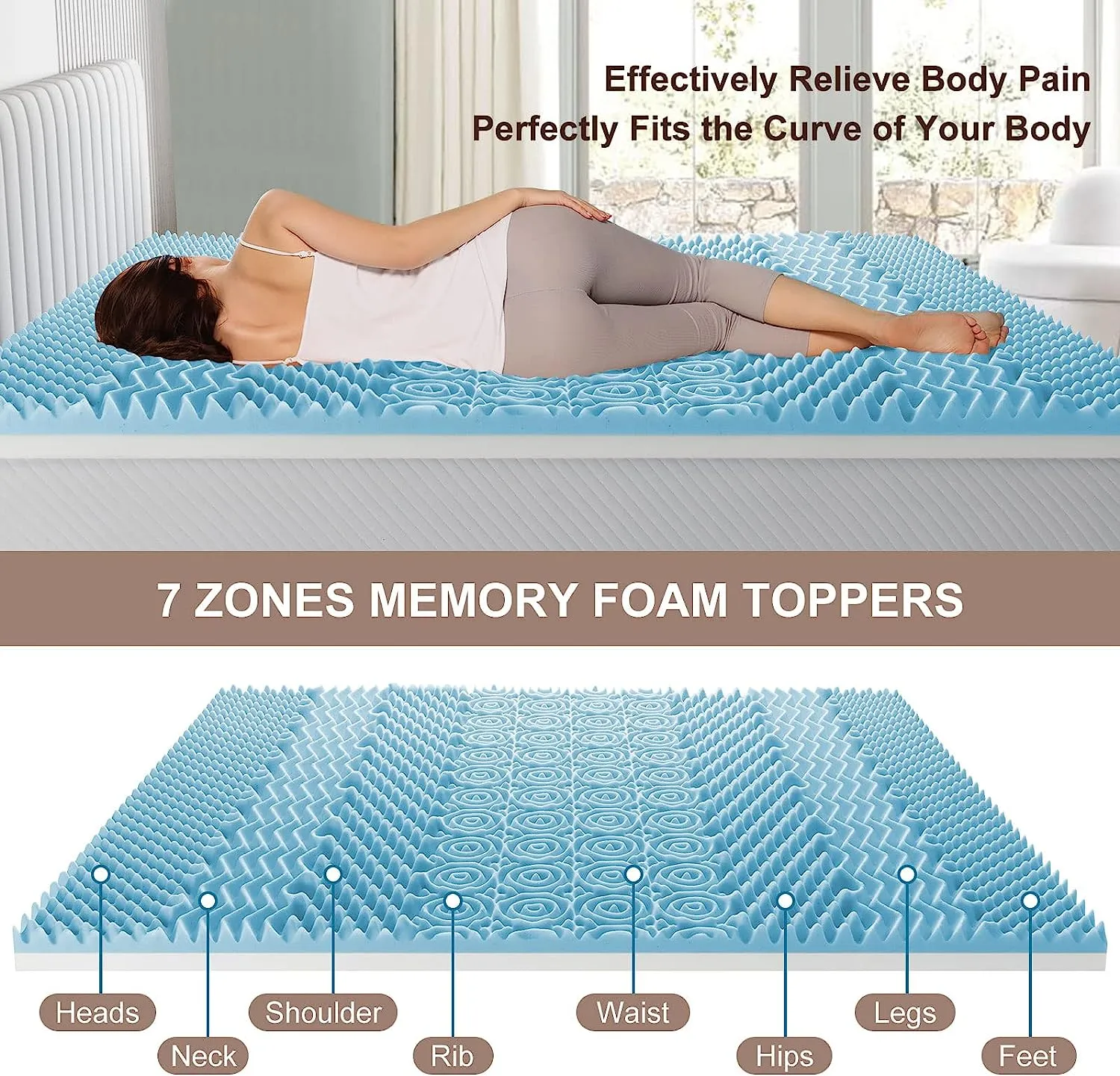 7-Zone Memory Foam Gel Mattress Topper, 8cm Thick, Queen