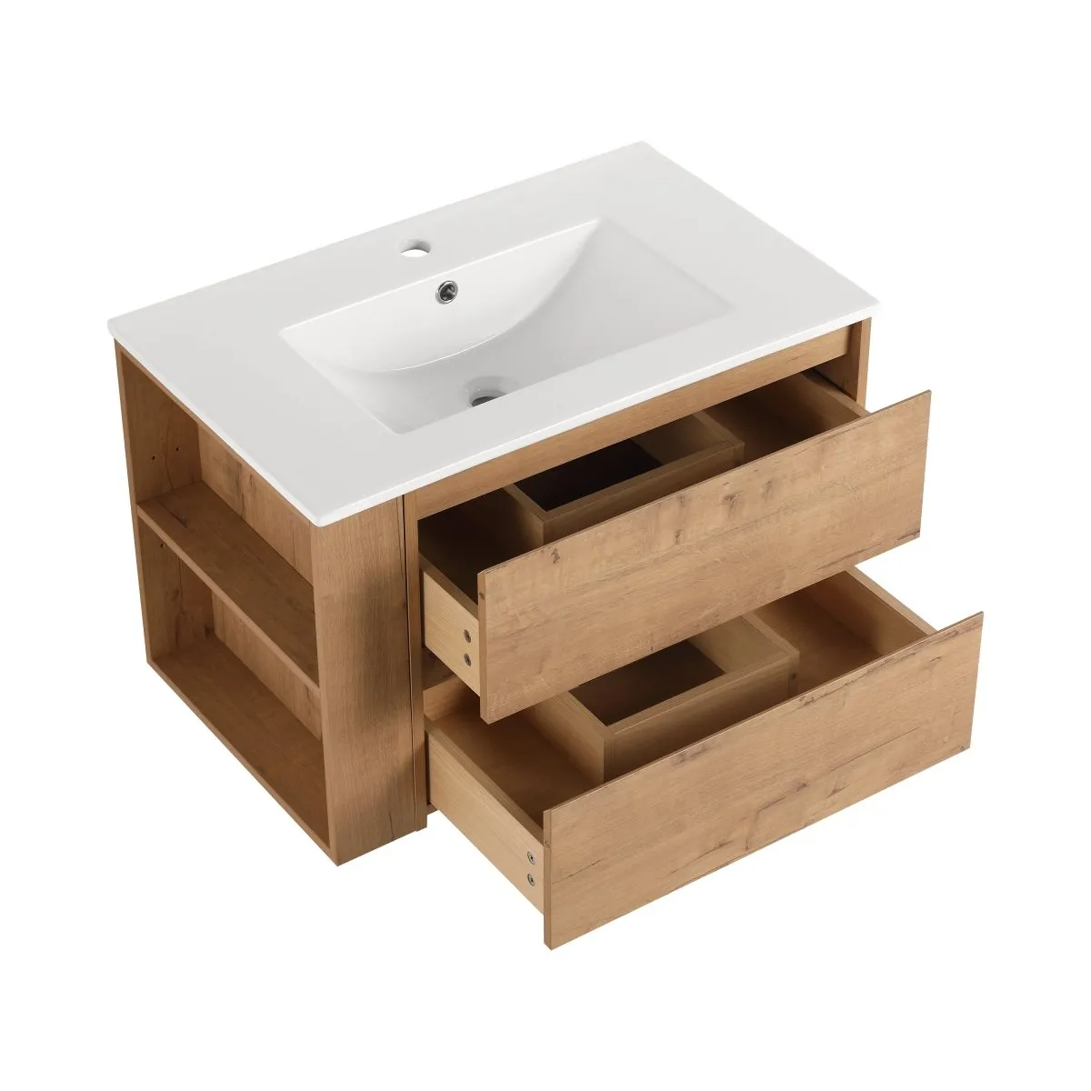 Allsumhome 30" Wall Mounting Floating Bathroom Vanity With Ceramic Sink,Imitative Oak Finish,2-Soft Close Drawer