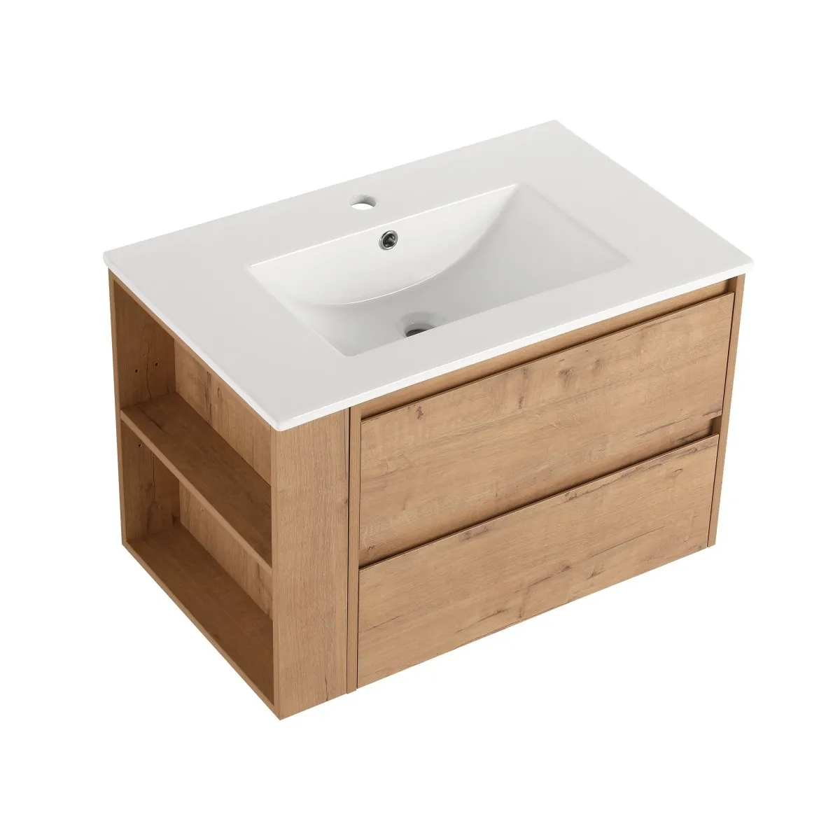 Allsumhome 30" Wall Mounting Floating Bathroom Vanity With Ceramic Sink,Imitative Oak Finish,2-Soft Close Drawer