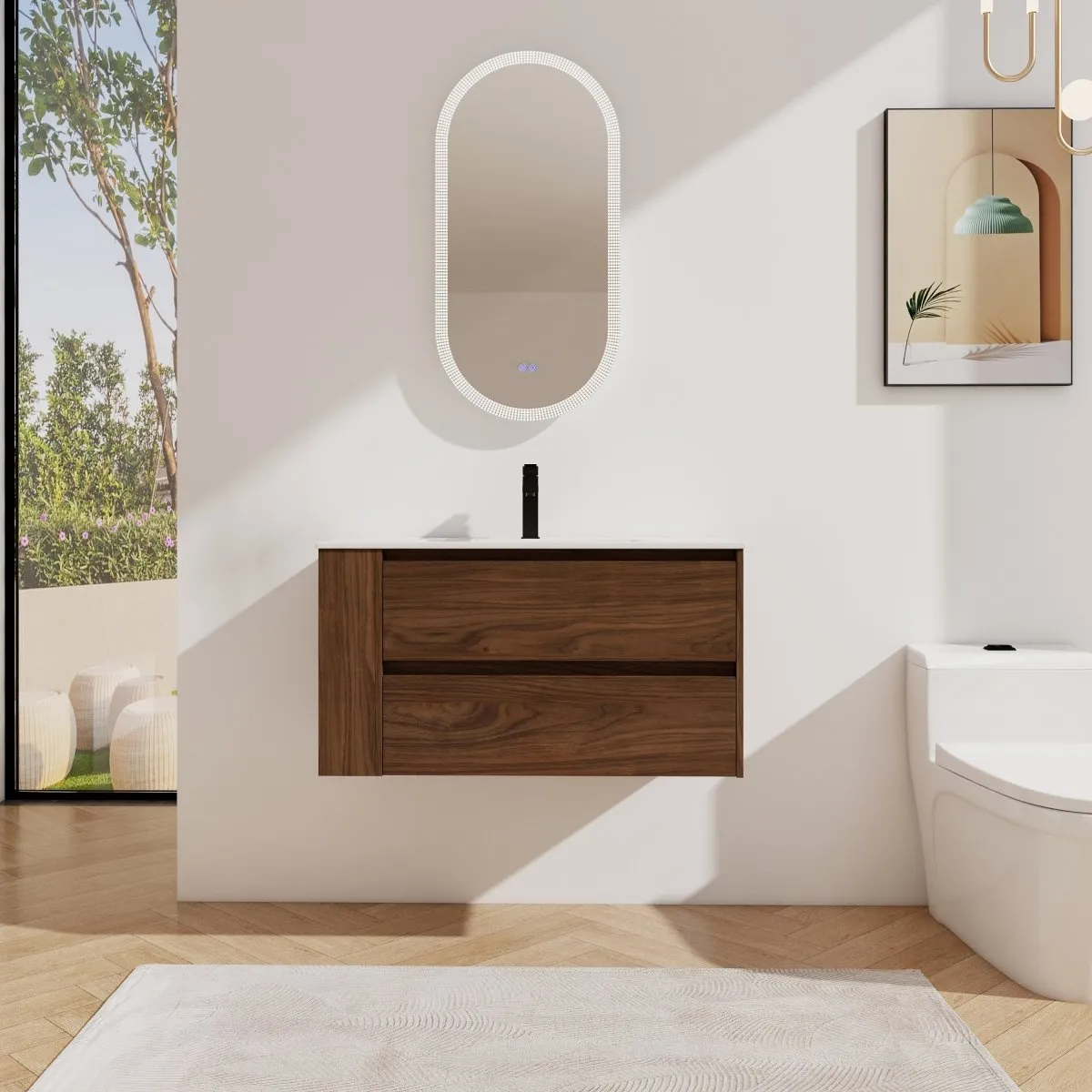 Allsumhome 36" Wall Mounting Floating Bathroom Vanity With Ceramic Sink,Brown Oak Finish,Soft Close Drawer