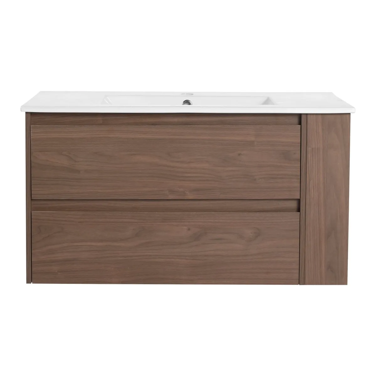 Allsumhome 36" Wall Mounting Floating Bathroom Vanity With Ceramic Sink,Brown Oak Finish,Soft Close Drawer