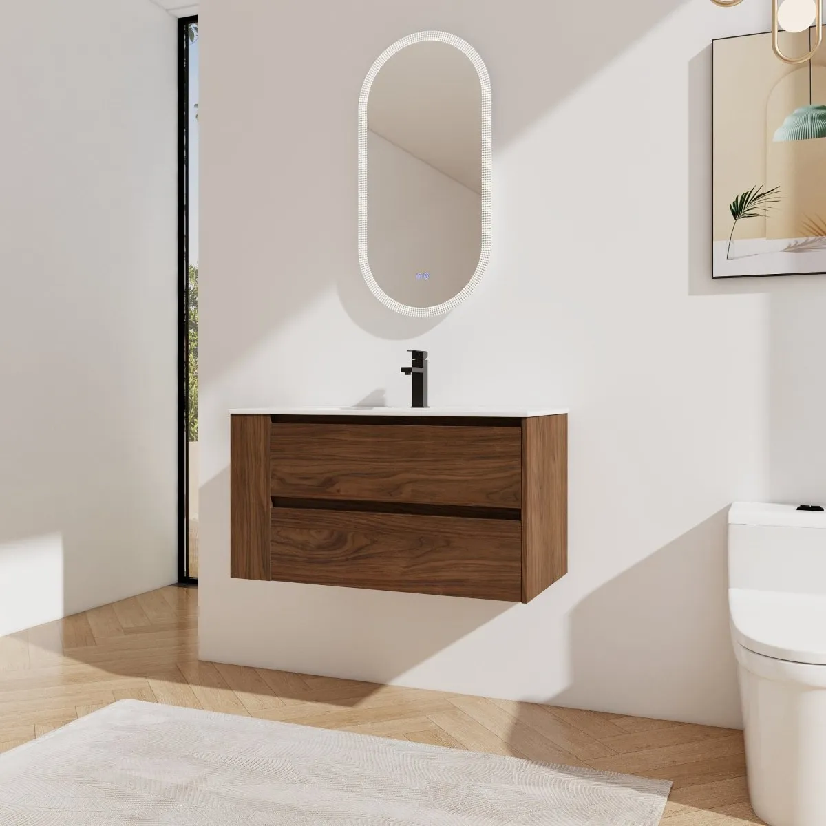 Allsumhome 36" Wall Mounting Floating Bathroom Vanity With Ceramic Sink,Brown Oak Finish,Soft Close Drawer