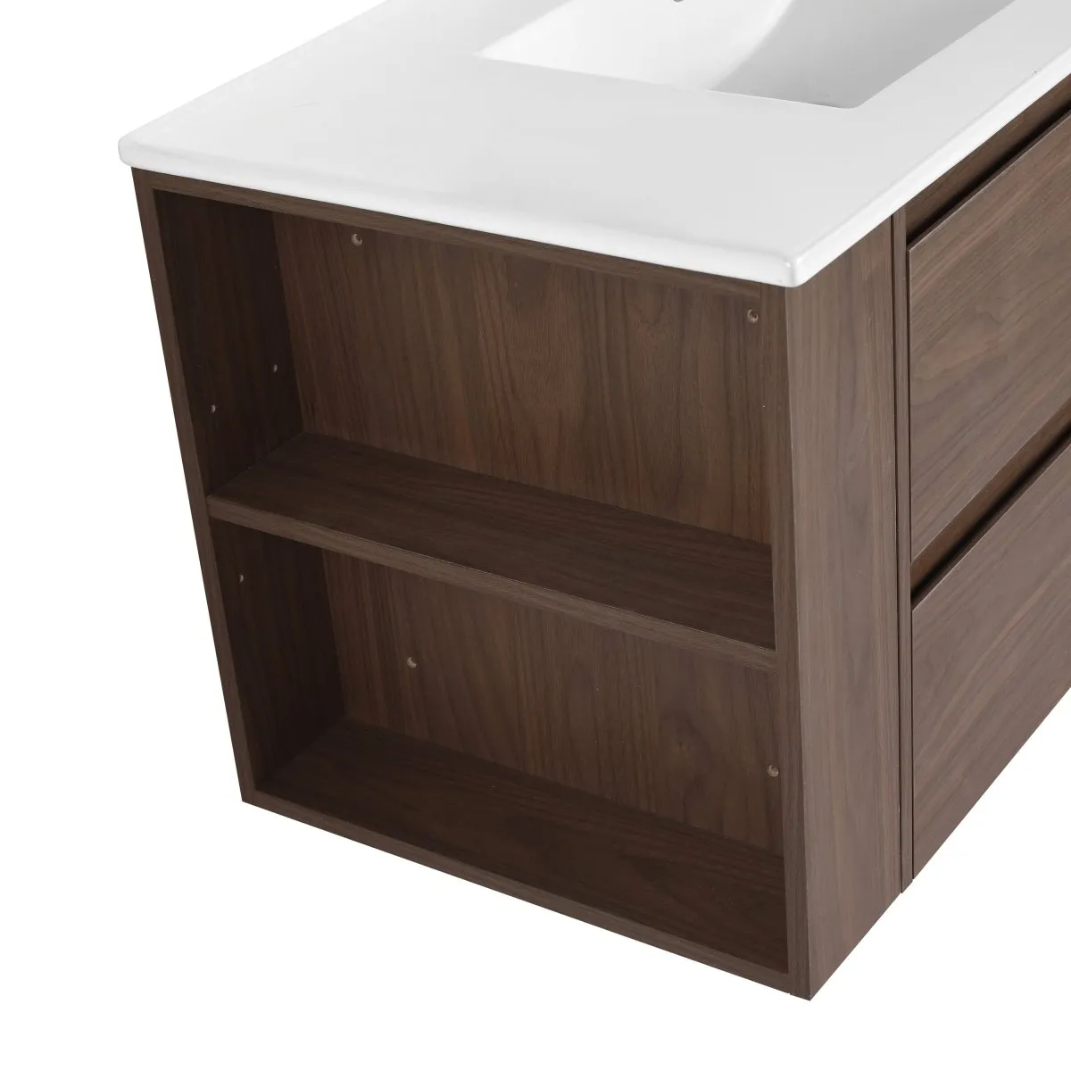 Allsumhome 36" Wall Mounting Floating Bathroom Vanity With Ceramic Sink,Brown Oak Finish,Soft Close Drawer