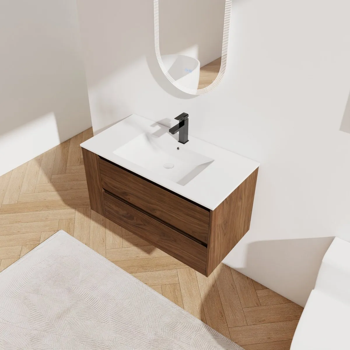 Allsumhome 36" Wall Mounting Floating Bathroom Vanity With Ceramic Sink,Brown Oak Finish,Soft Close Drawer