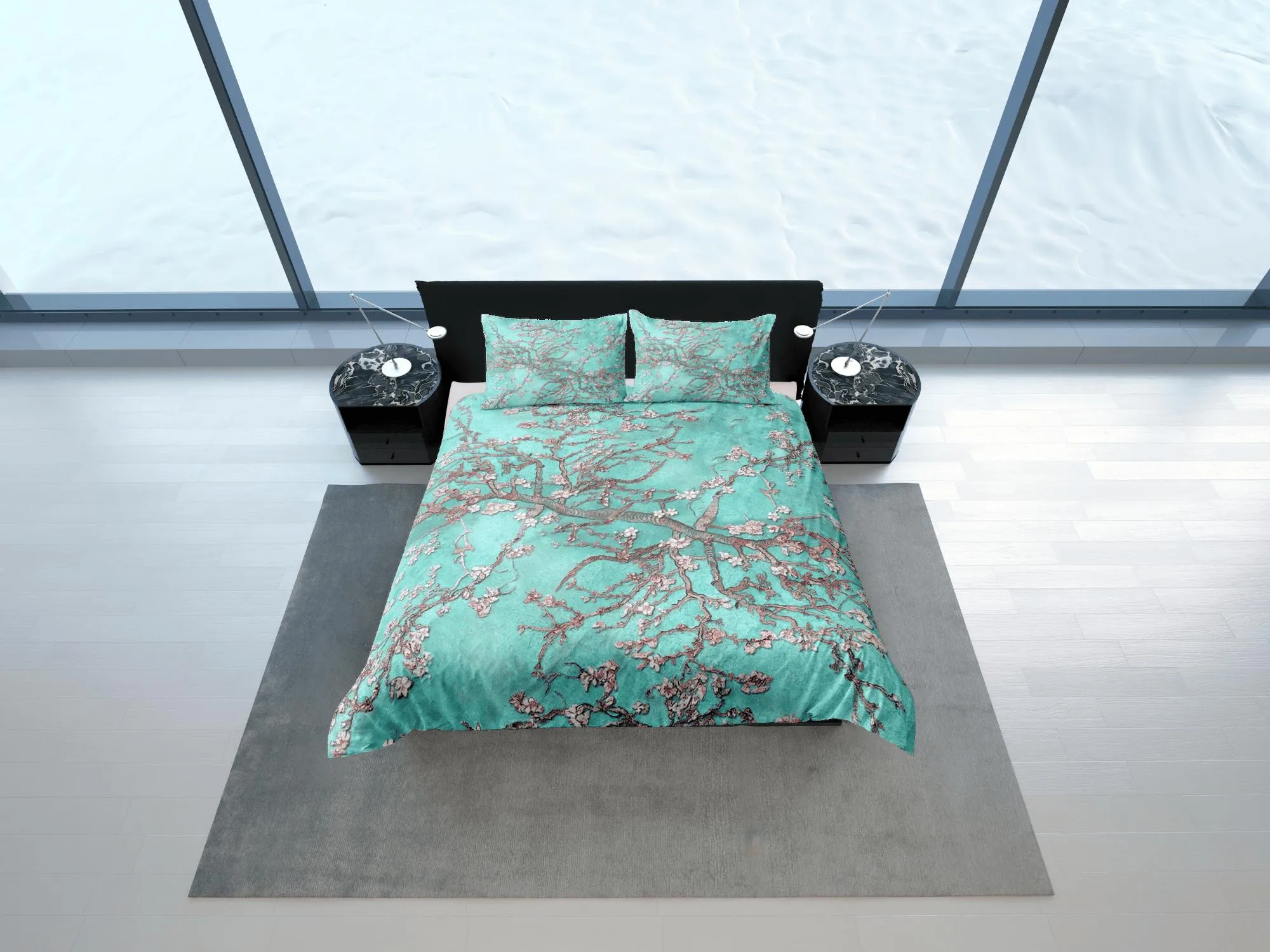 Aqua sea green bedding cherry blossom floral prints duvet cover queen, king, boho bedding designer bedspread full size bedding aesthetic