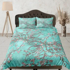 Aqua sea green bedding cherry blossom floral prints duvet cover queen, king, boho bedding designer bedspread full size bedding aesthetic