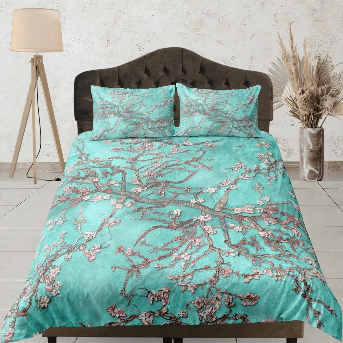 Aqua sea green bedding cherry blossom floral prints duvet cover queen, king, boho bedding designer bedspread full size bedding aesthetic