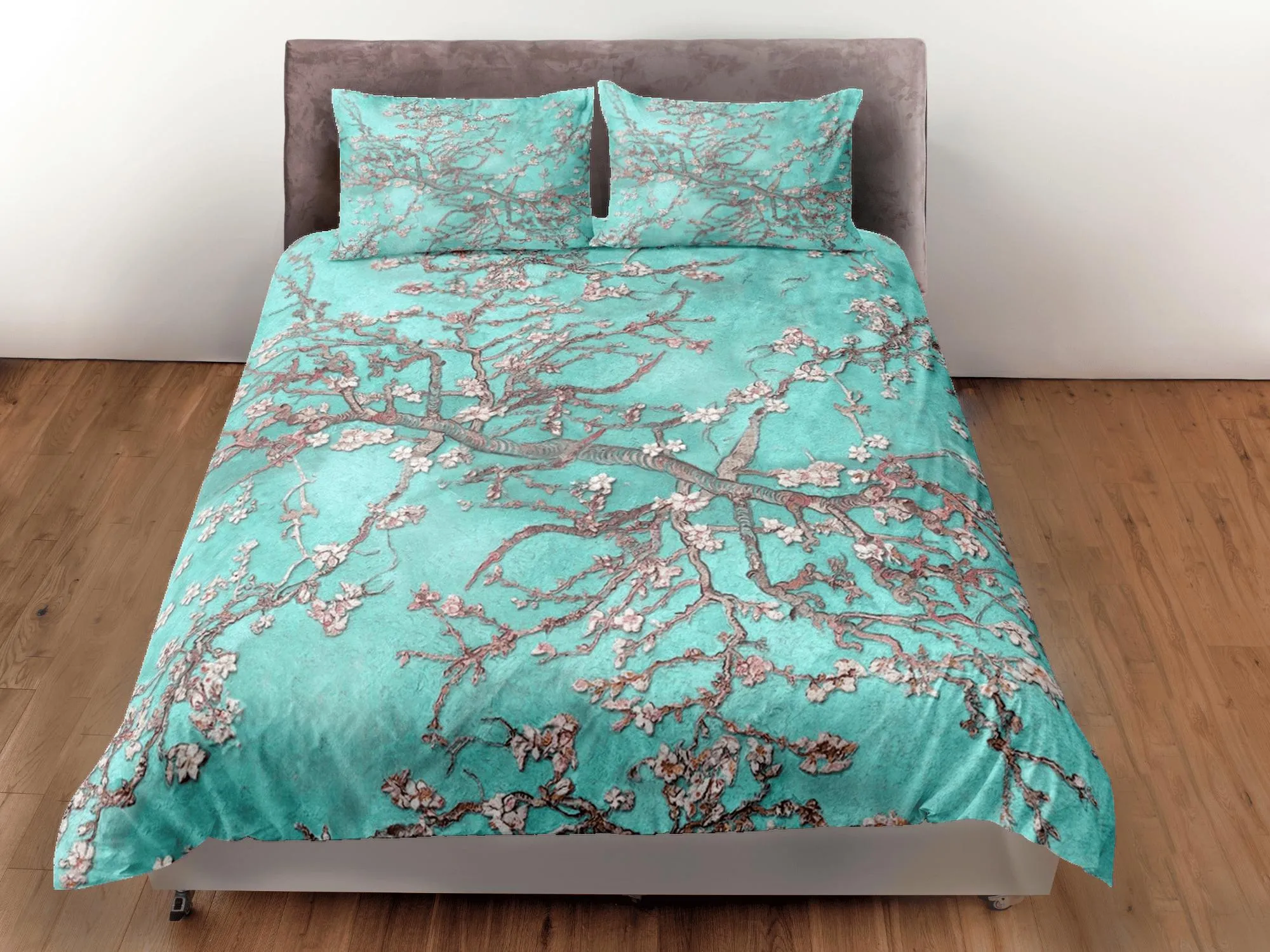 Aqua sea green bedding cherry blossom floral prints duvet cover queen, king, boho bedding designer bedspread full size bedding aesthetic