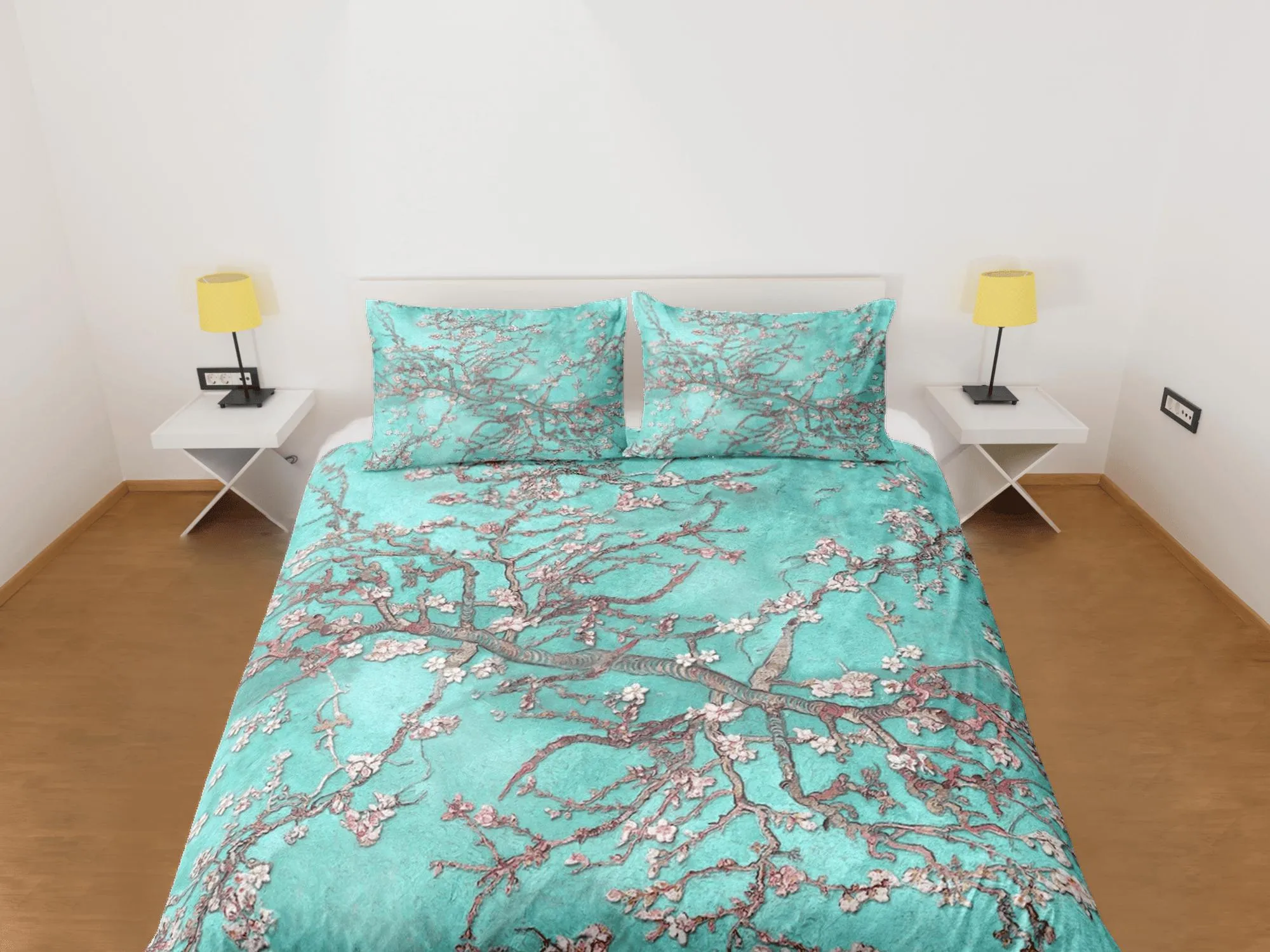 Aqua sea green bedding cherry blossom floral prints duvet cover queen, king, boho bedding designer bedspread full size bedding aesthetic