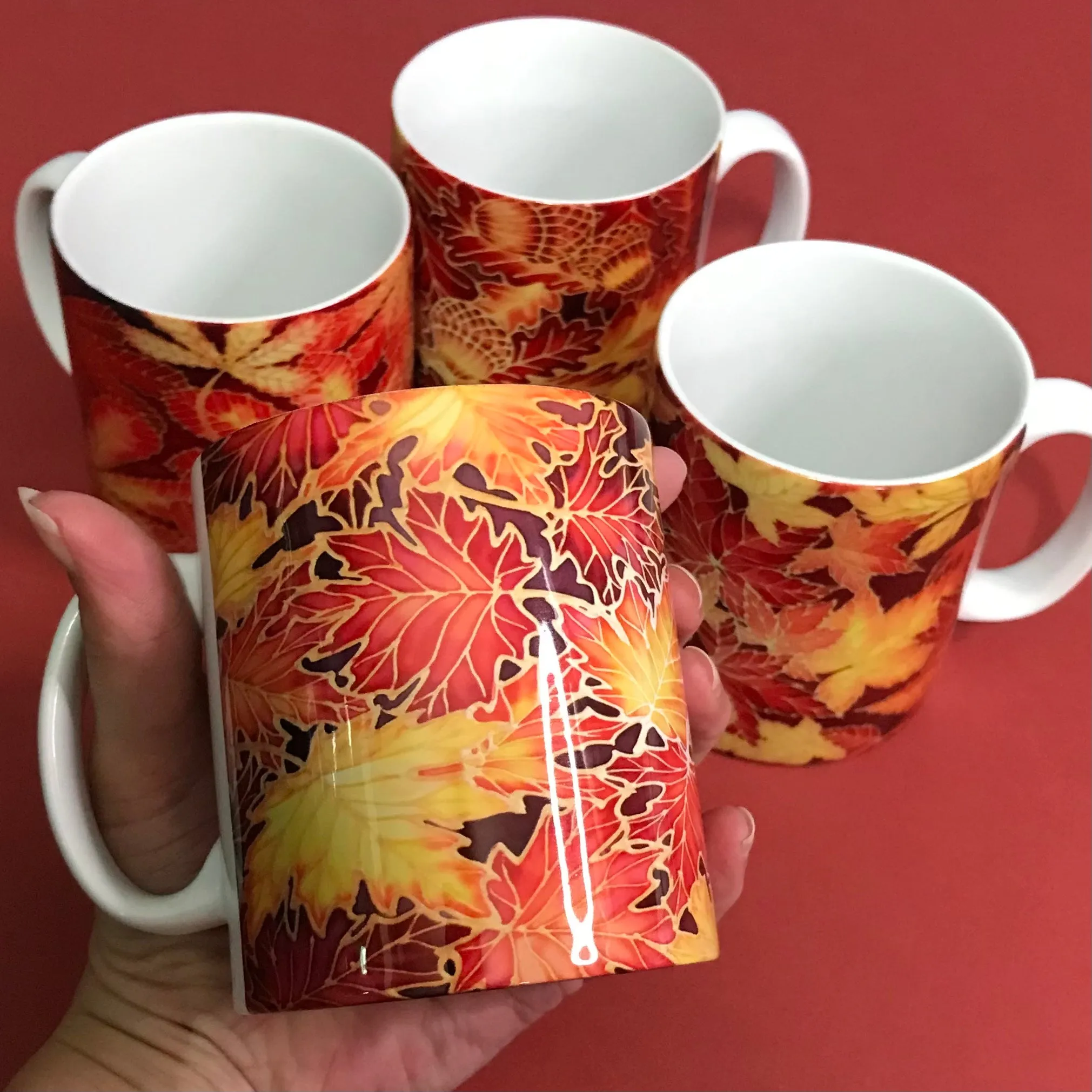 Autumn Leaves Set of 4 Mugs or Mug and Coaster Box Sets - Red Mug Set - Autumn Mug Gift