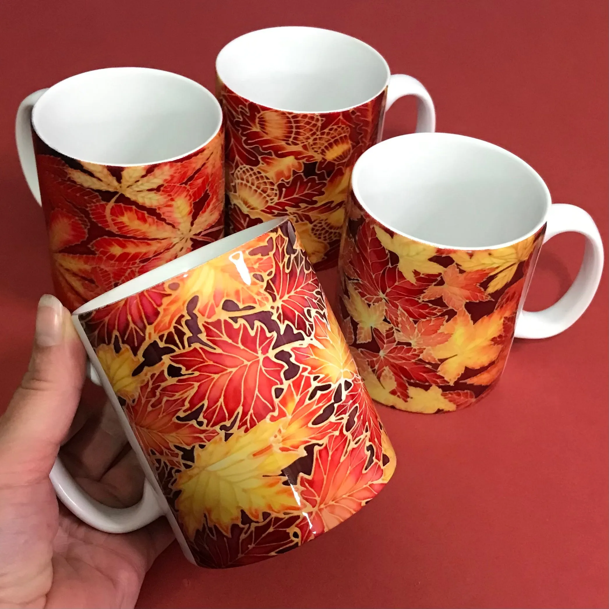 Autumn Leaves Set of 4 Mugs or Mug and Coaster Box Sets - Red Mug Set - Autumn Mug Gift