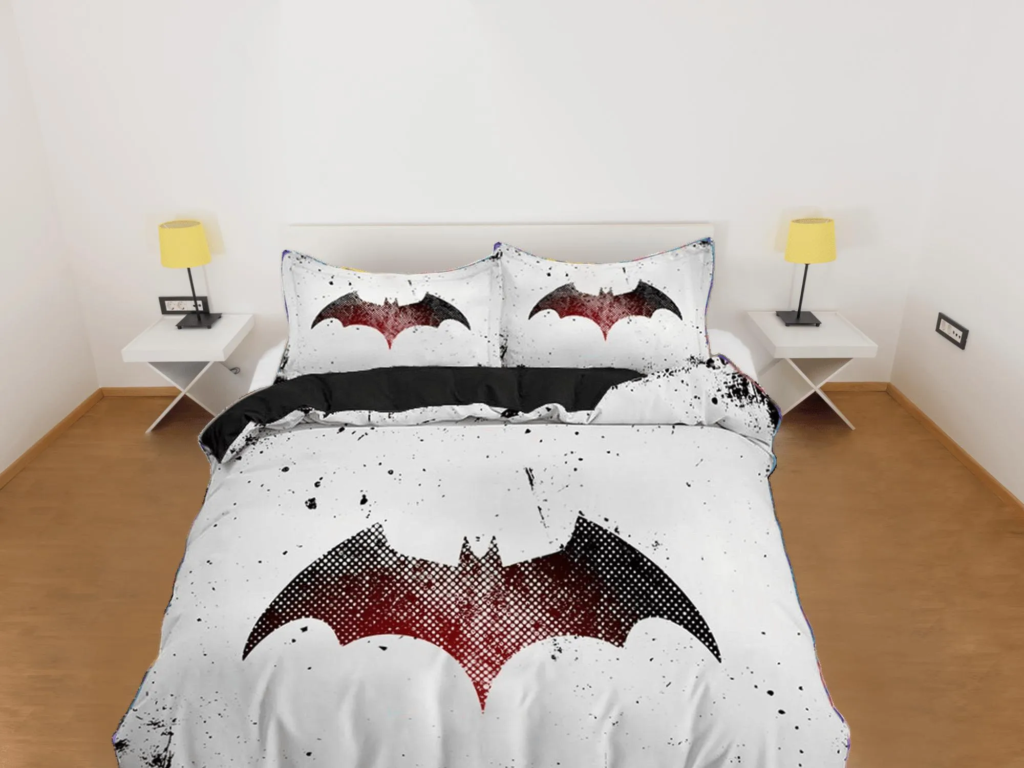 Bat silhouette halloween bedding & pillowcase, black and white duvet cover set dorm bedding, halloween decor, nursery toddler halloween gift