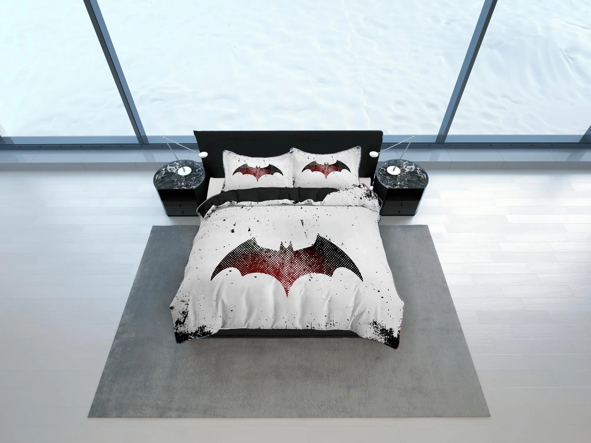 Bat silhouette halloween bedding & pillowcase, black and white duvet cover set dorm bedding, halloween decor, nursery toddler halloween gift