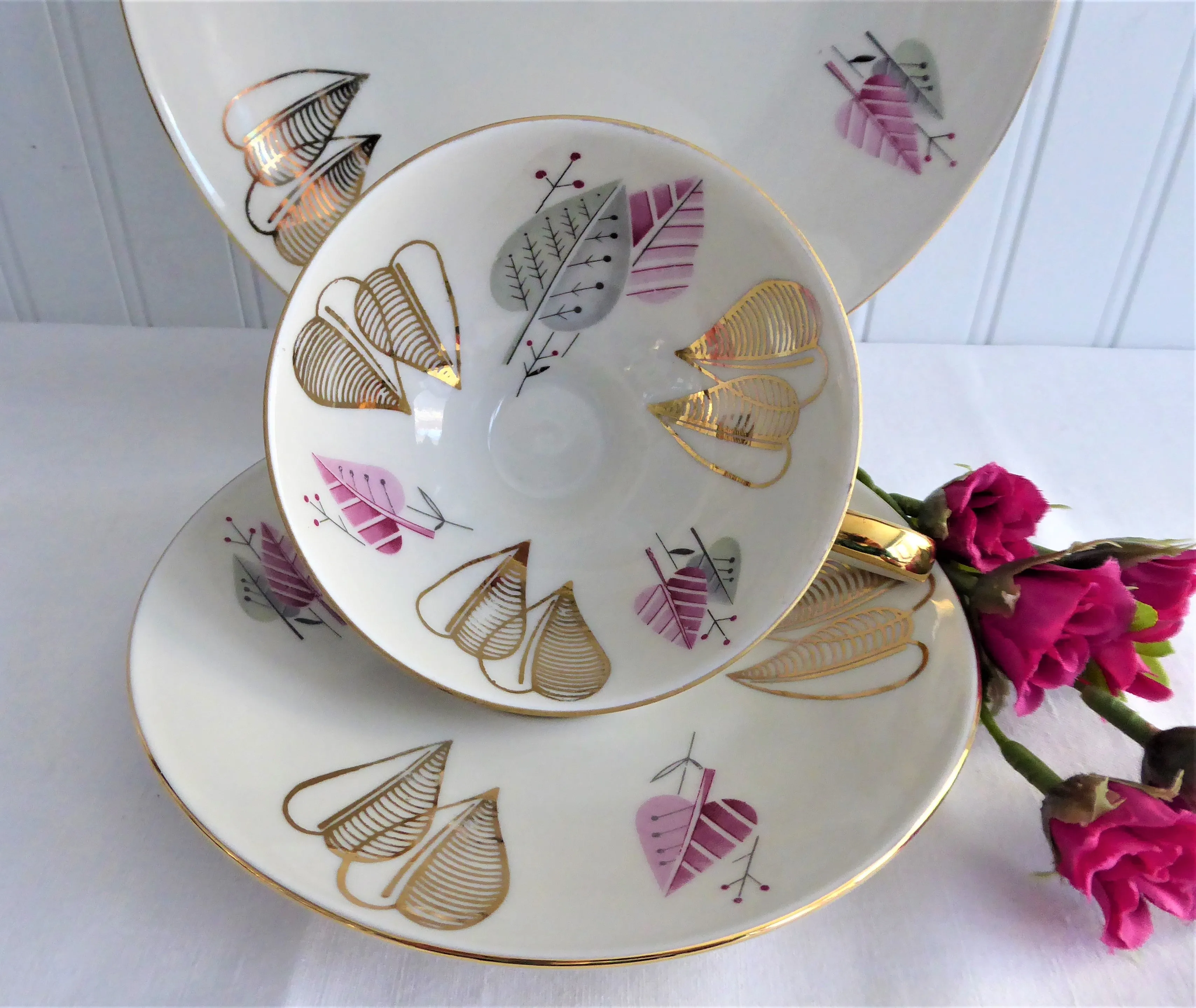 Bavarian Teacup Trio Gold Pink Heart Stylized Leaves Martini Shape Cup 1950s