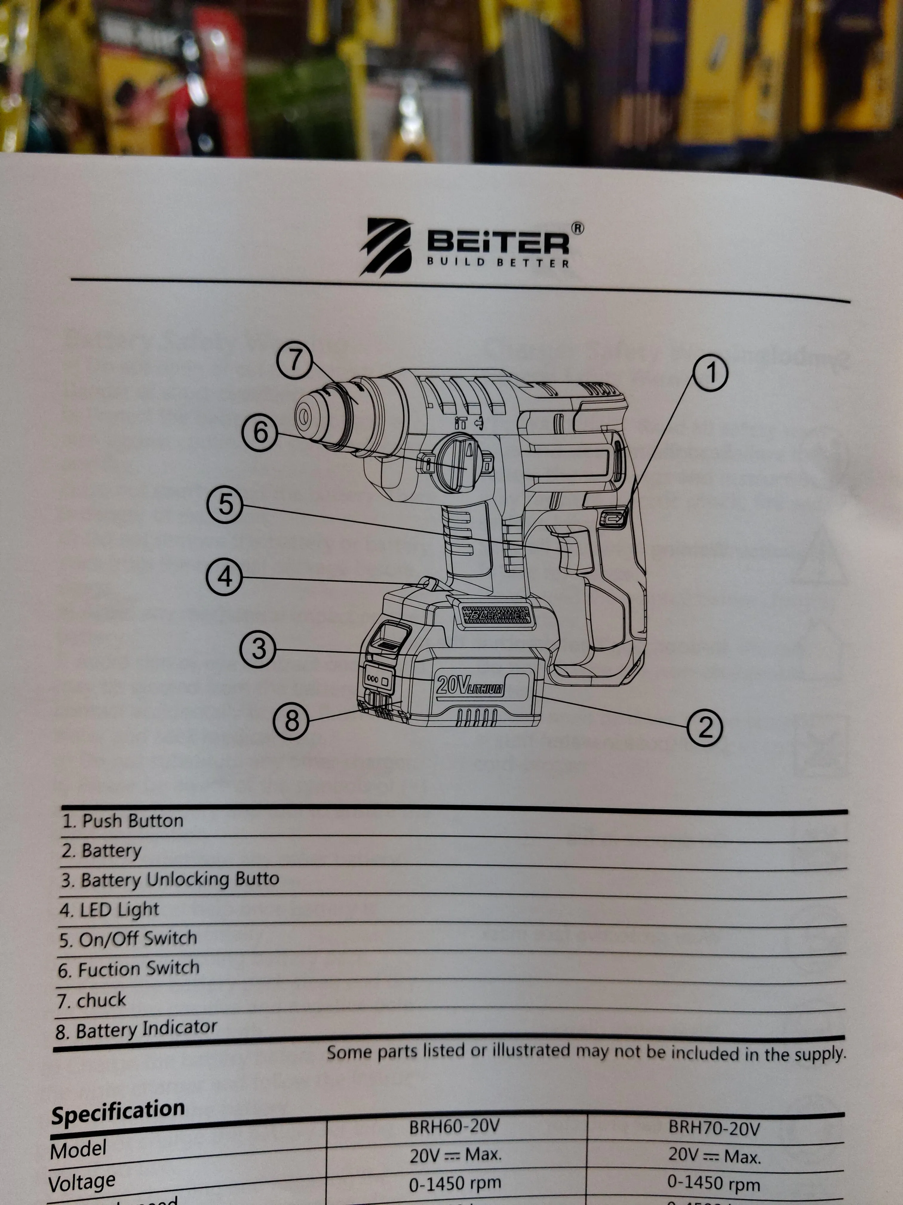 BEITER 20V Brushless Cordless Rotary Hammer Drill | Model: BRH70-20V