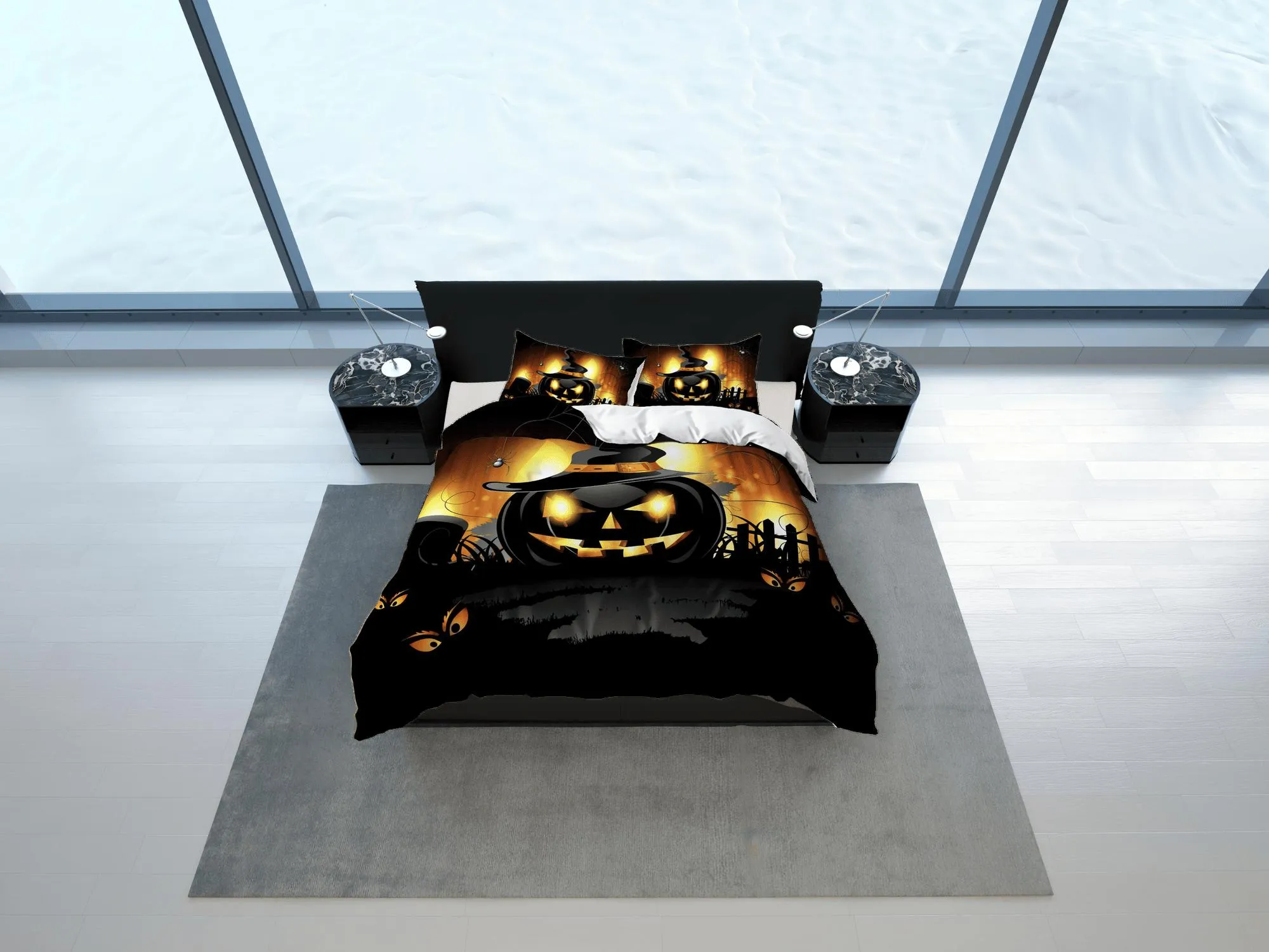 Black pumpkin halloween bedding & pillowcase, gothic duvet cover, dorm bedding, goth decor toddler bedding, halloween gift