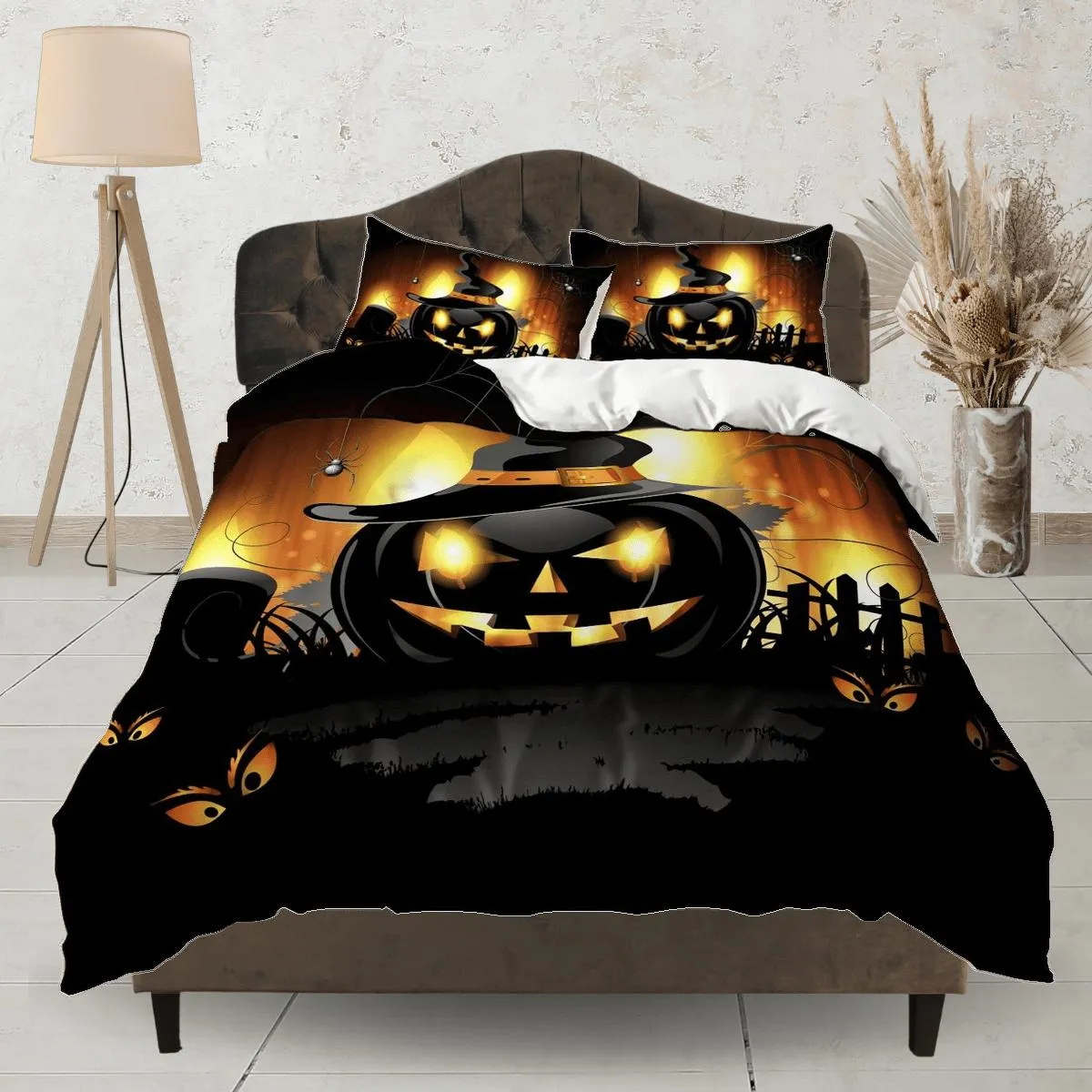 Black pumpkin halloween bedding & pillowcase, gothic duvet cover, dorm bedding, goth decor toddler bedding, halloween gift