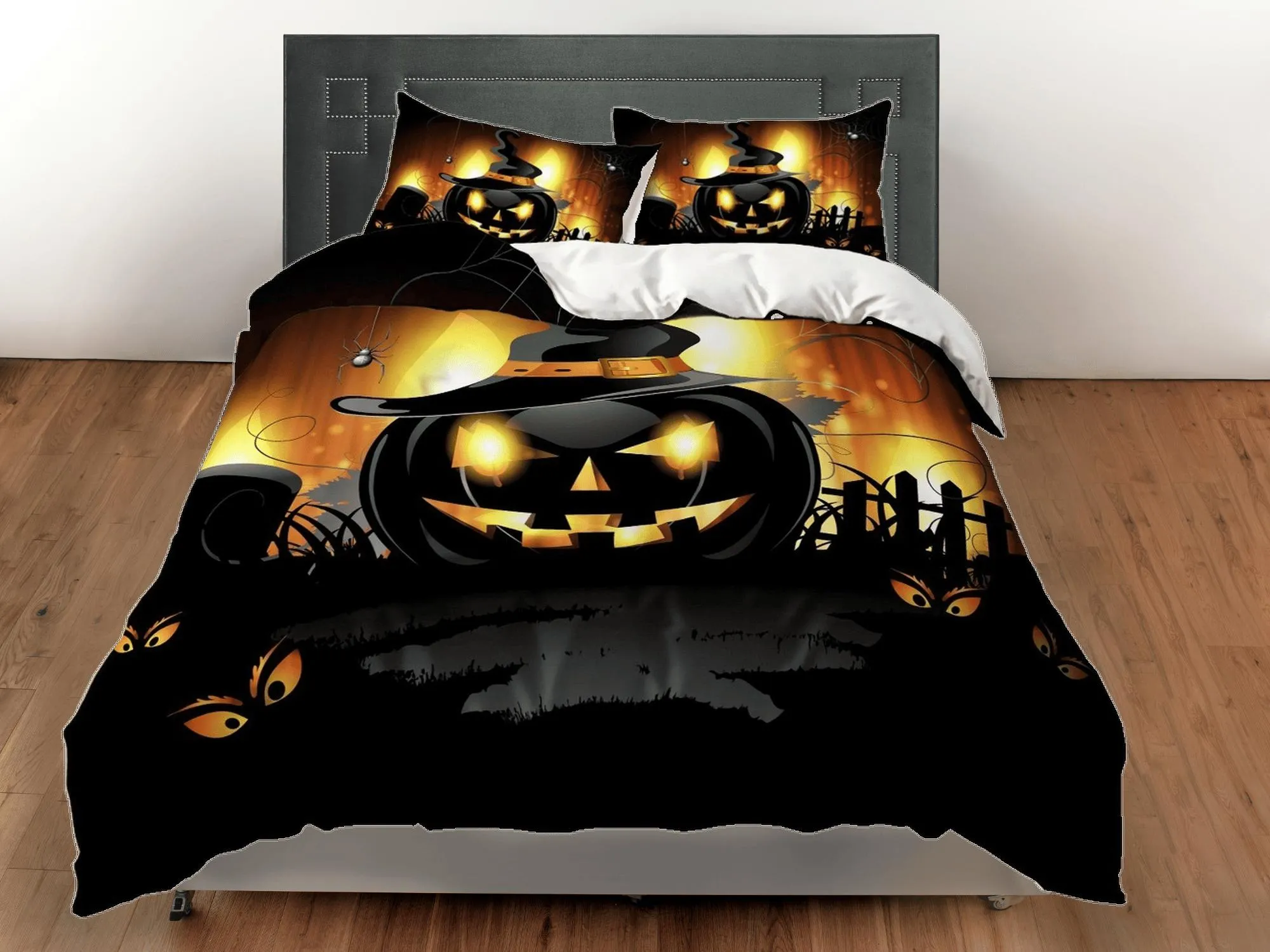 Black pumpkin halloween bedding & pillowcase, gothic duvet cover, dorm bedding, goth decor toddler bedding, halloween gift