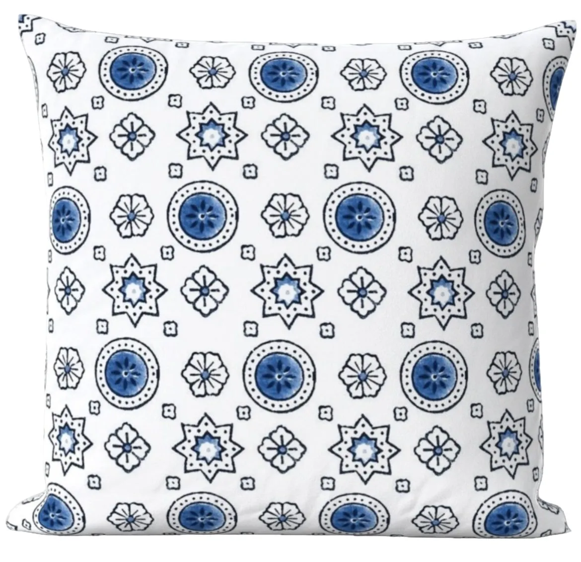 Blue and White “Moroccan Stars” Block Printed Linen Pillow Cover: Available in 10 Sizes