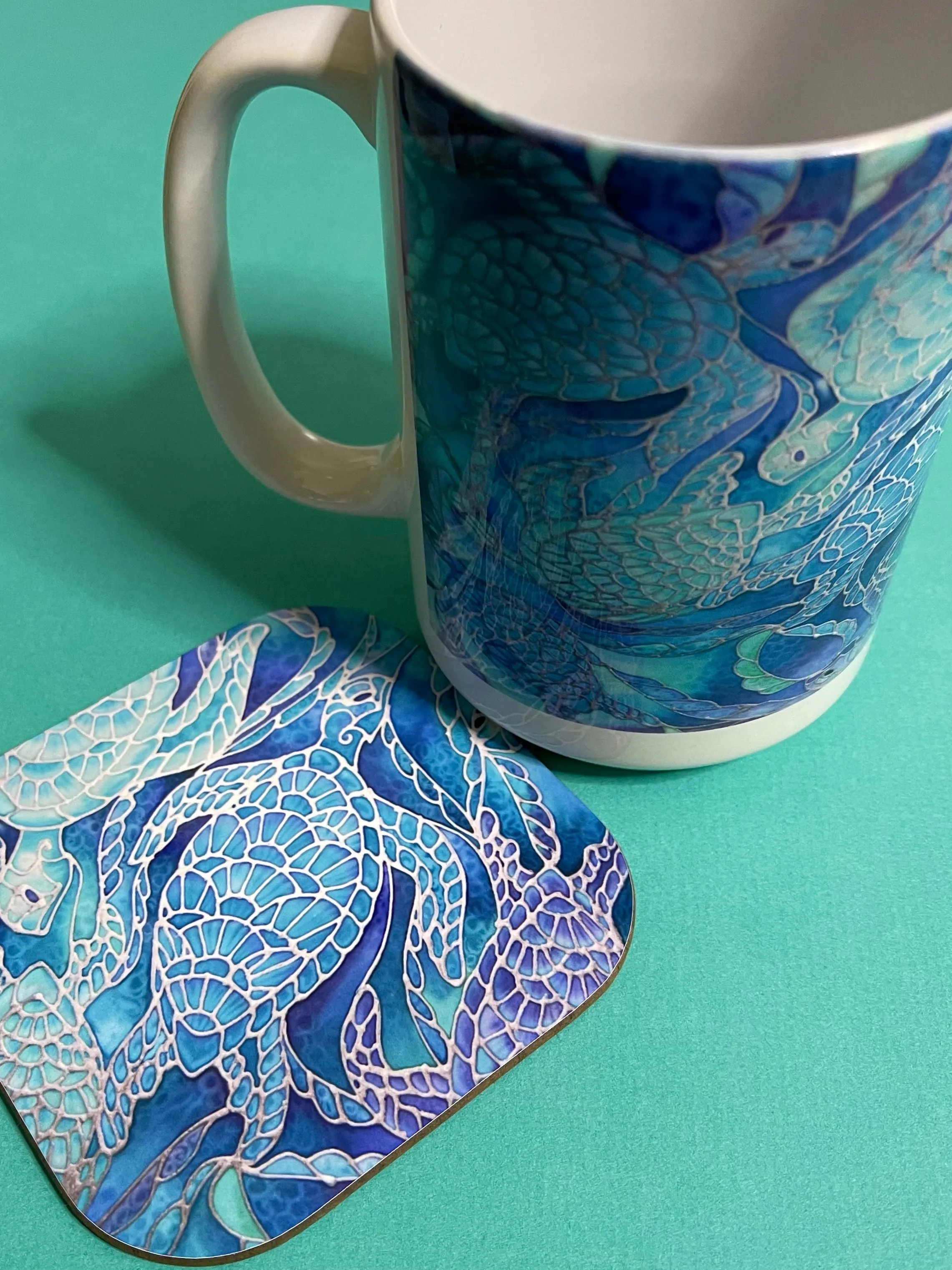 Blue Aqua Turtles Mug and Coaster - Extra Large & Regular Mug Sizes Turtles Lovers Mug Gift Box Set -