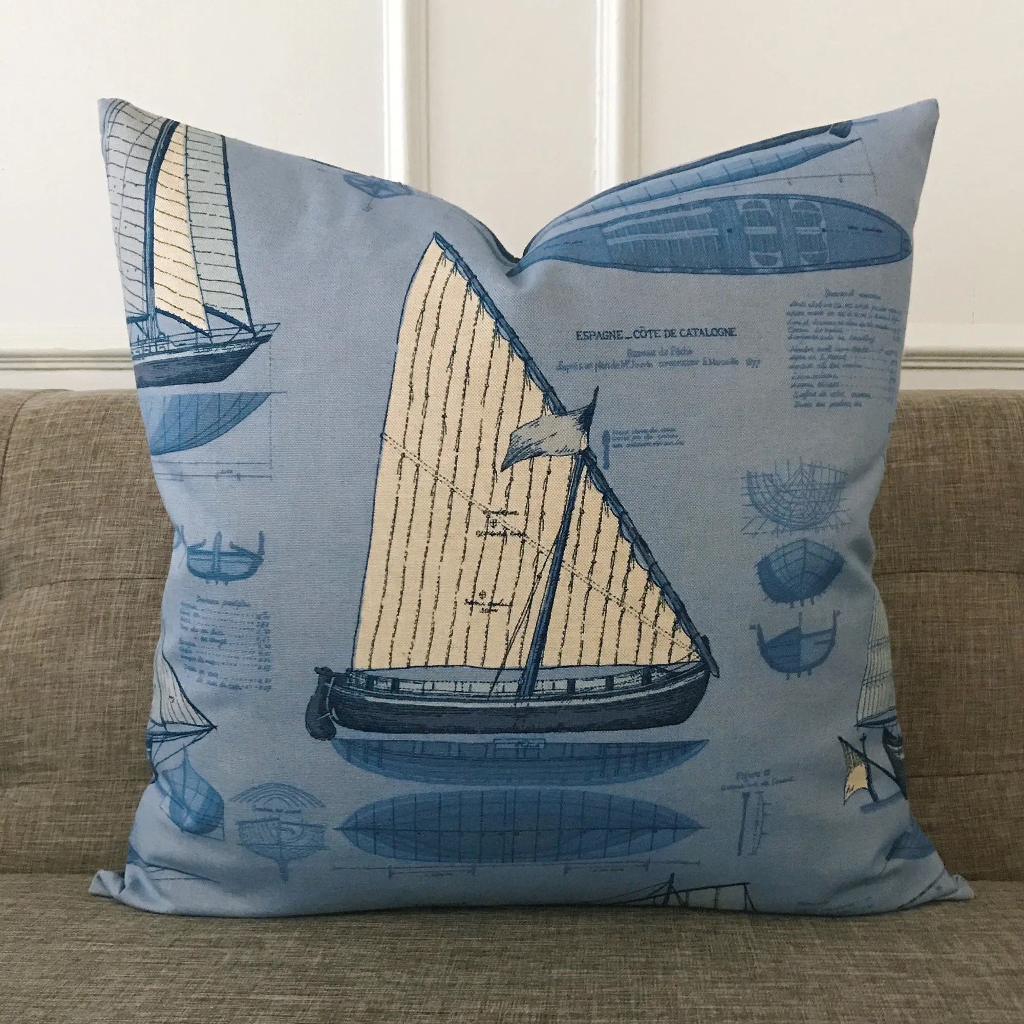 Blue Sailboat Print Throw Pillow Cover 22x22