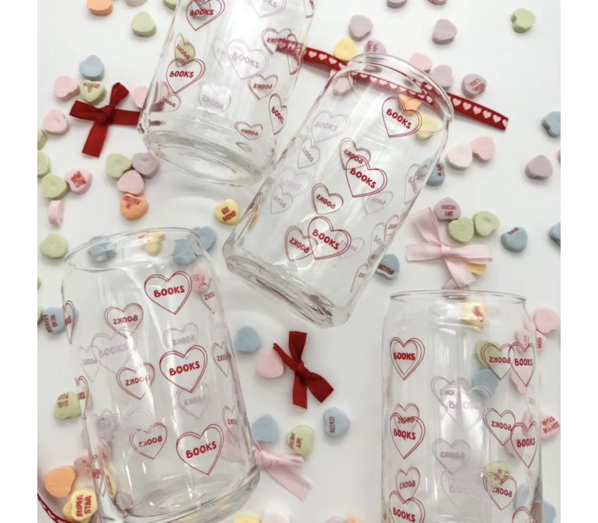 Books Candy Hearts 16 oz Can Glass Cup-Dishwasher Safe