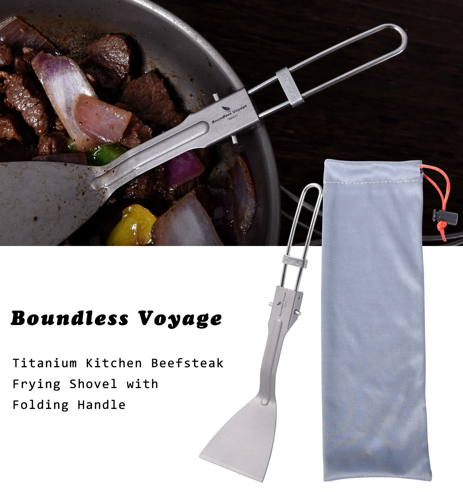 Boundless Voyage Titanium Kitchen Beefsteak Frying Shovel with Folding Handle Flat Cooking Spatula