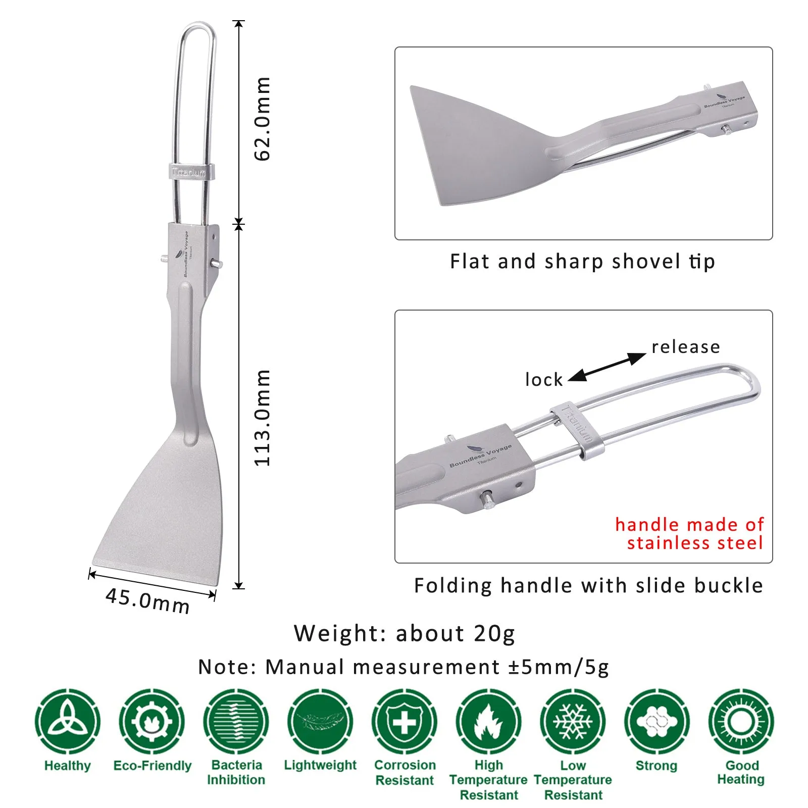 Boundless Voyage Titanium Kitchen Beefsteak Frying Shovel with Folding Handle Flat Cooking Spatula