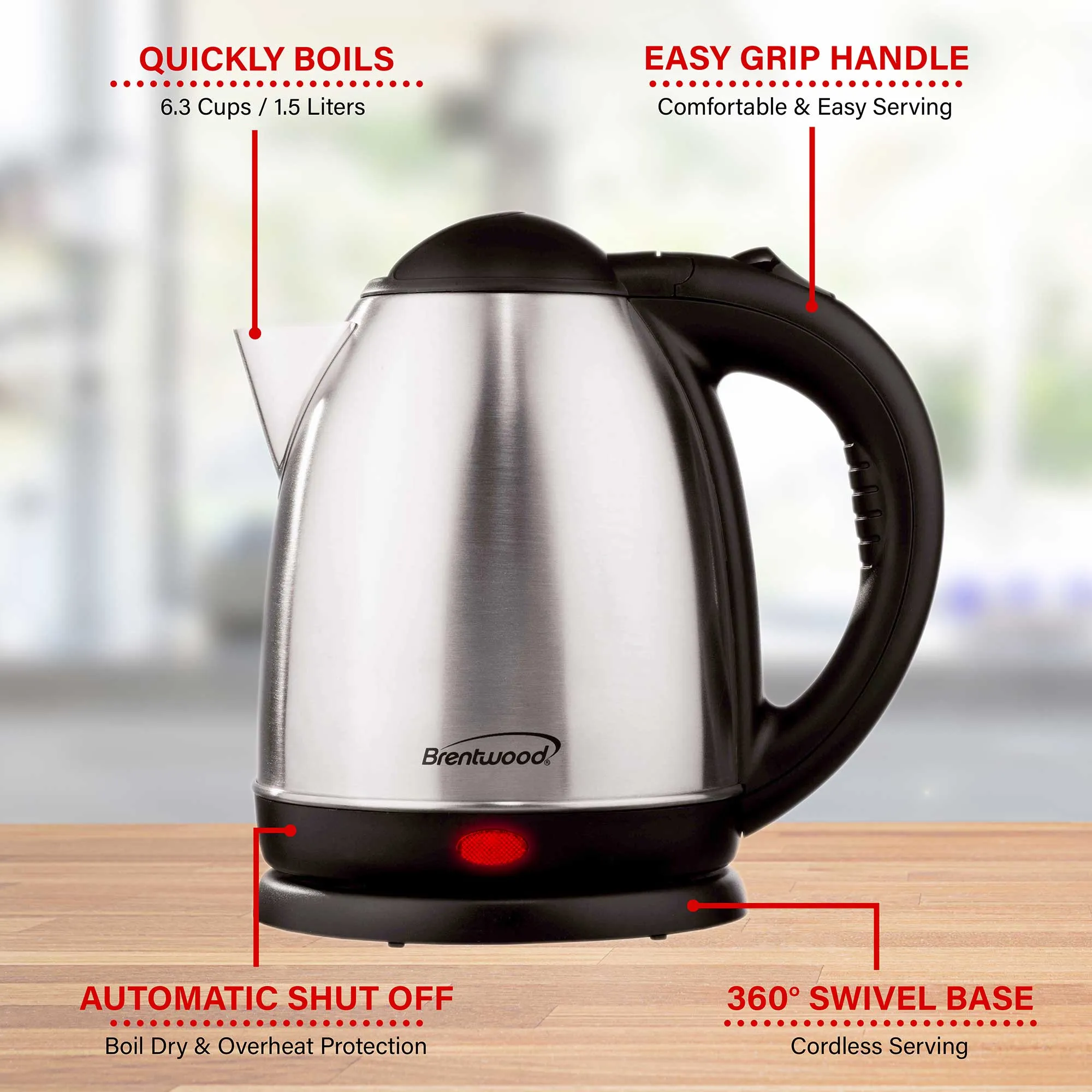 Brentwood KT-1780 1.5L Stainless Steel Cordless Electric Kettle