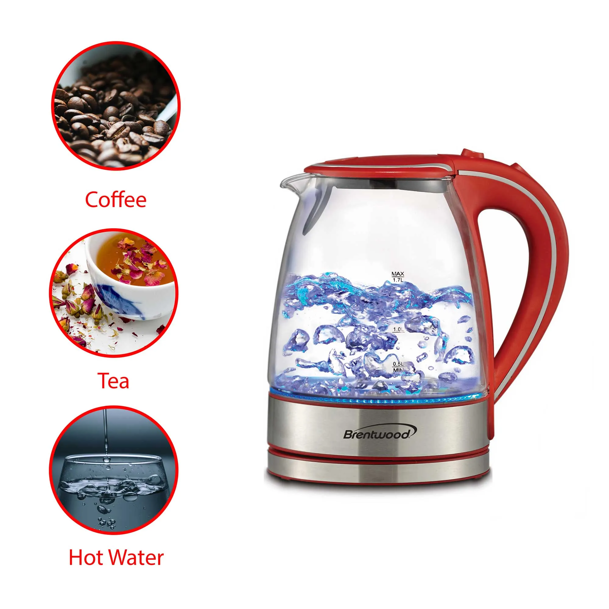 Brentwood KT-1900R 1.7L Cordless Glass Electric Kettle, Red