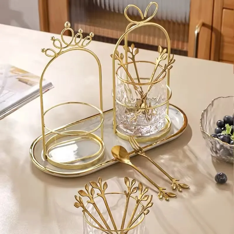 Butterfly Bow Glass Cup with Gold Spoon & Fork Holder | Kitchenware