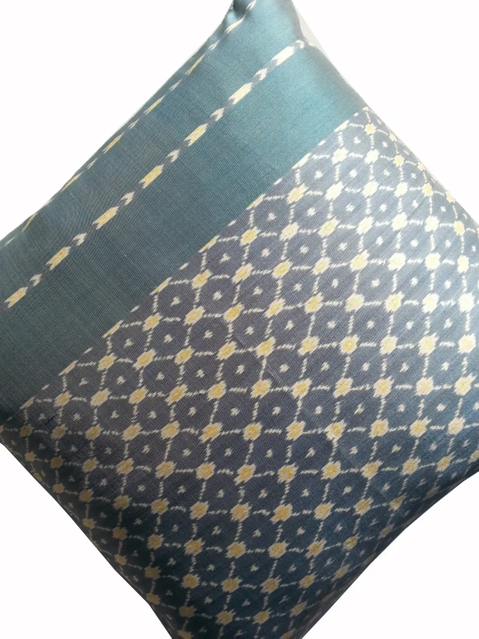 Cambodian Silk Ikat Pillow Teal Blue Ivory Yellow