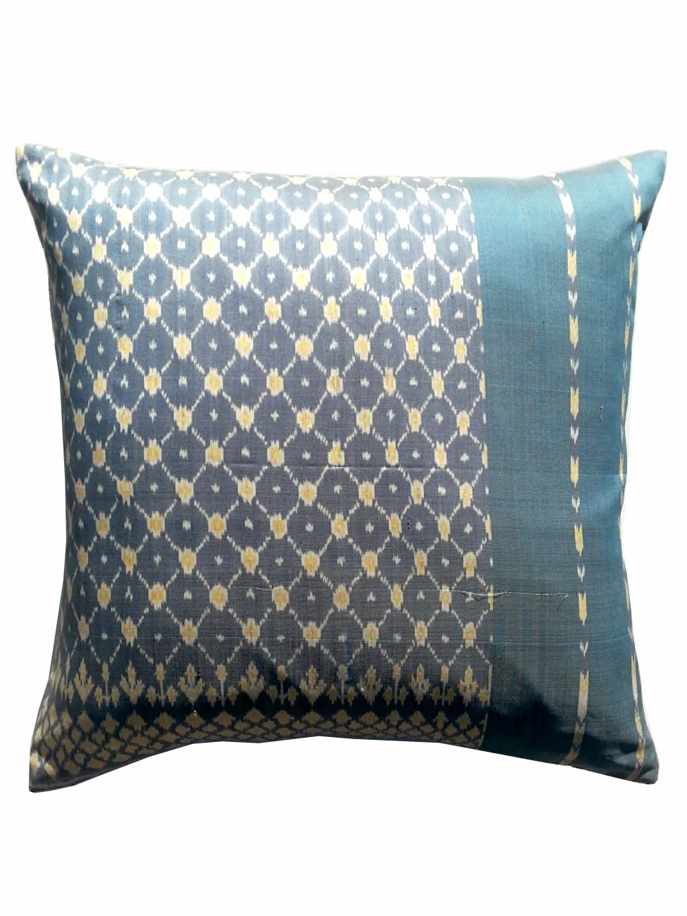 Cambodian Silk Ikat Pillow Teal Blue Ivory Yellow