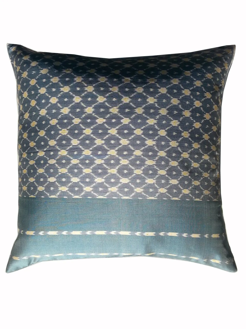 Cambodian Silk Ikat Pillow Teal Blue Ivory Yellow