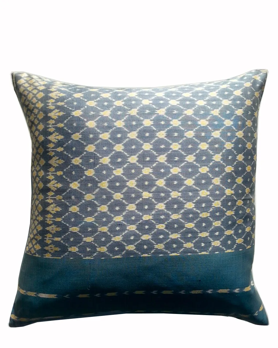 Cambodian Silk Ikat Pillow Teal Blue Ivory Yellow