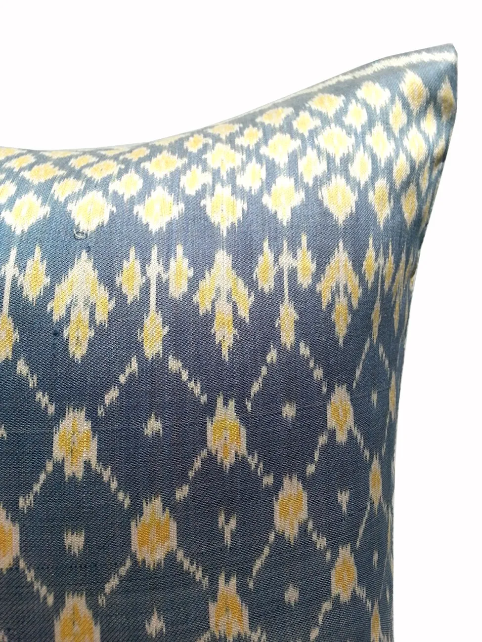 Cambodian Silk Ikat Pillow Teal Blue Ivory Yellow